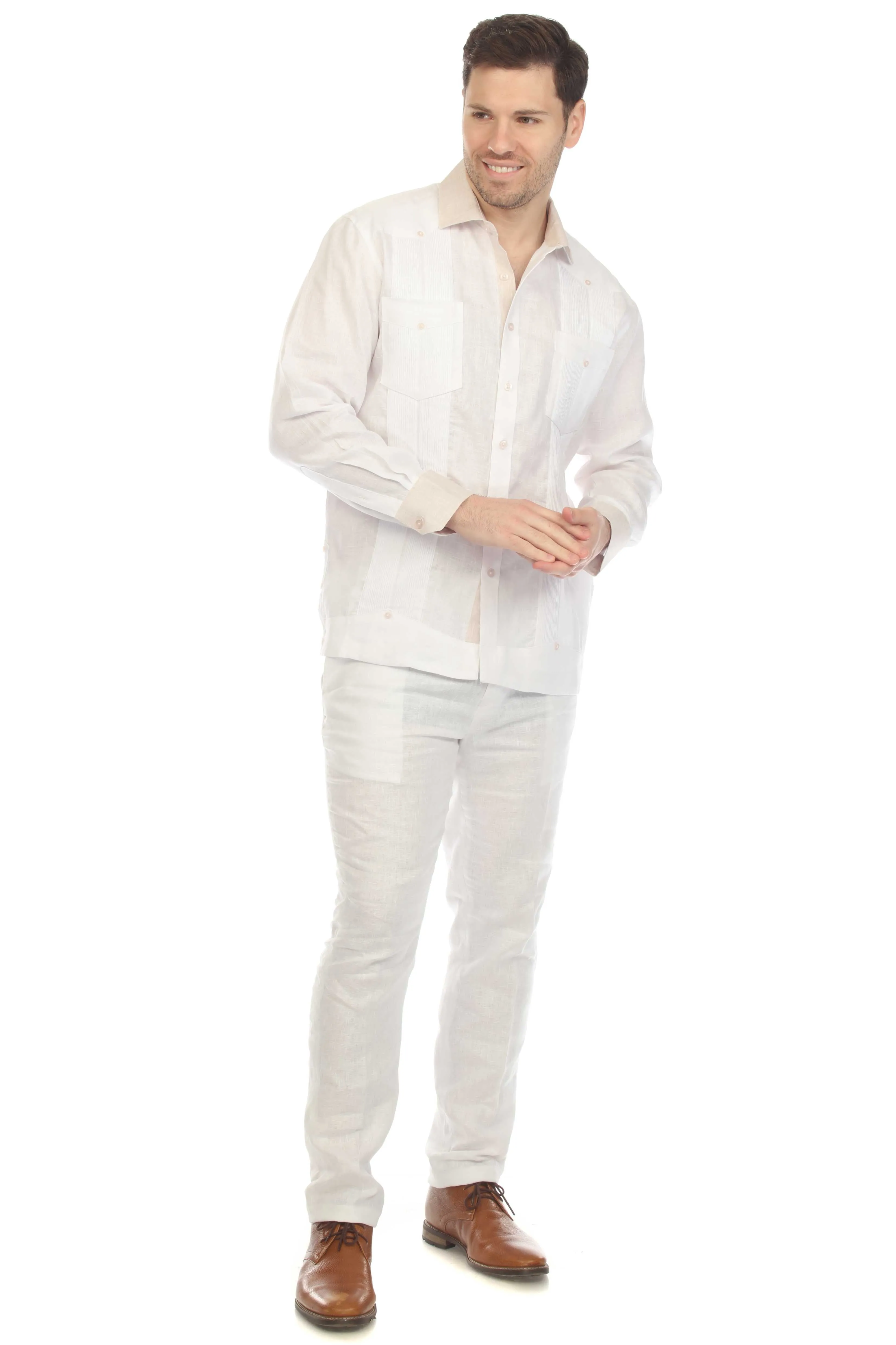 Mojito Men's 100% Linen Guayabera Chacabana Shirt Long Sleeve with Natural Contrast Color