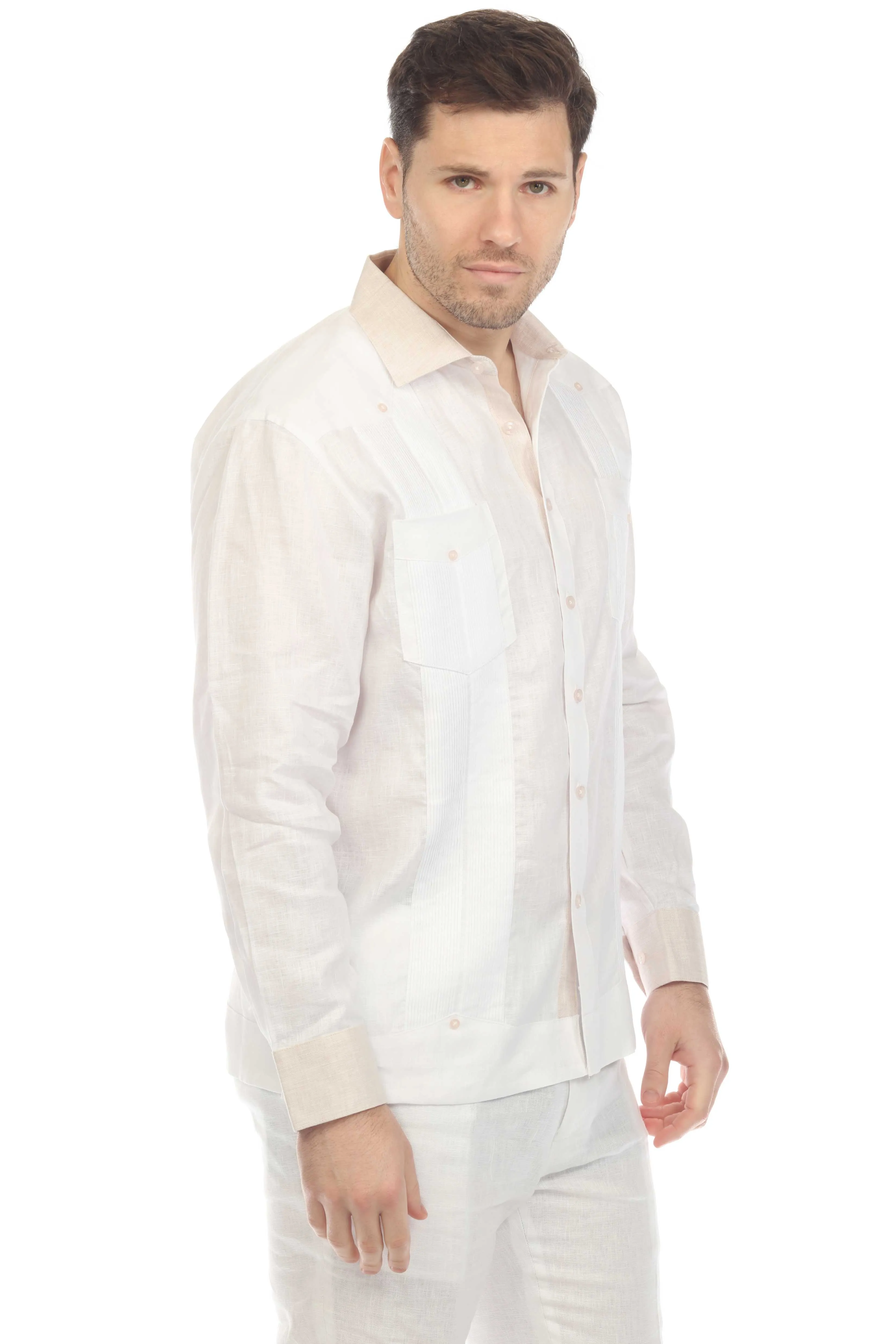 Mojito Men's 100% Linen Guayabera Chacabana Shirt Long Sleeve with Natural Contrast Color