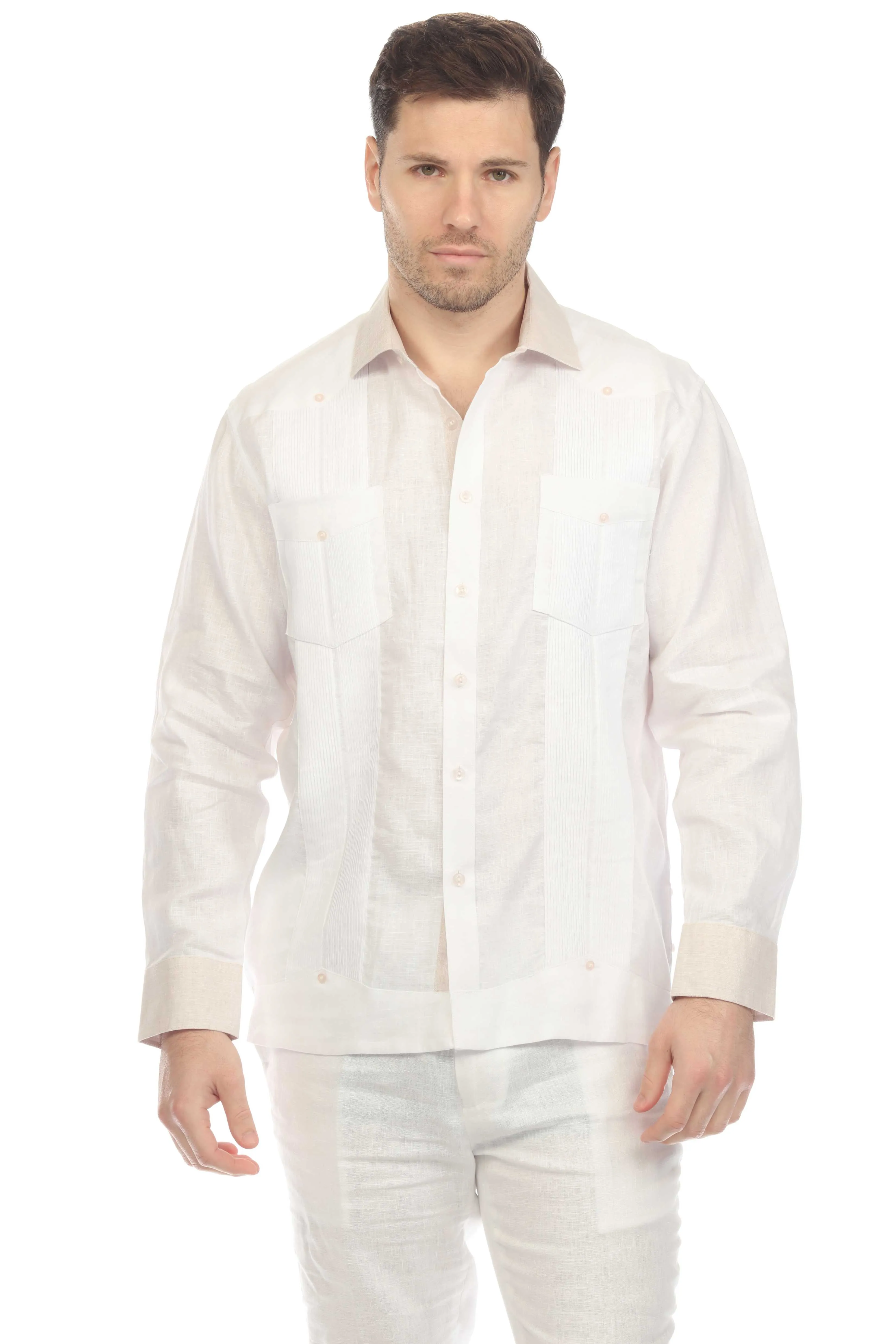 Mojito Men's 100% Linen Guayabera Chacabana Shirt Long Sleeve with Natural Contrast Color