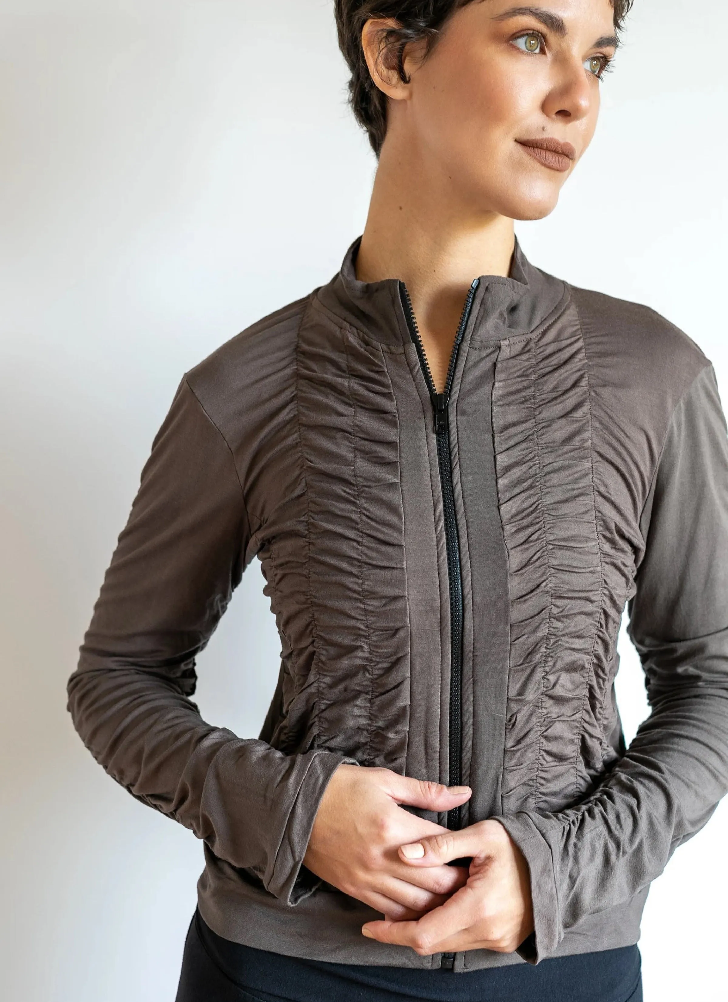 Mrs. Peacock Ruched Zip Front Jacket Mocha