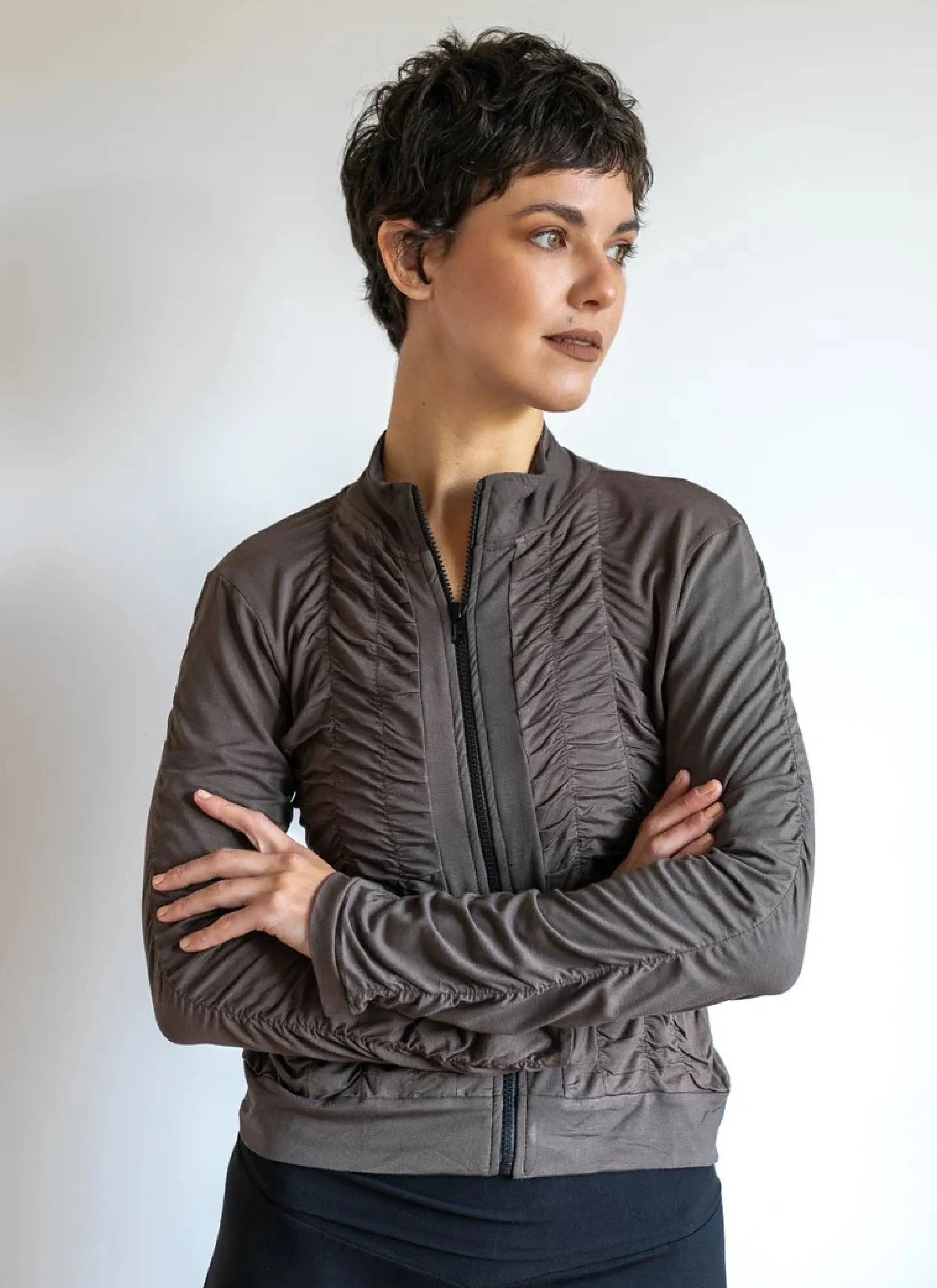 Mrs. Peacock Ruched Zip Front Jacket Mocha