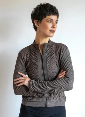 Mrs. Peacock Ruched Zip Front Jacket Mocha