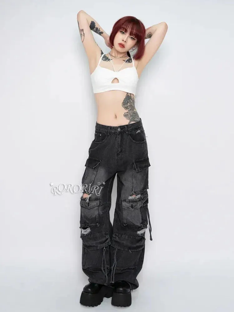 Multi-pocket Halloween Ripped Hole Pants