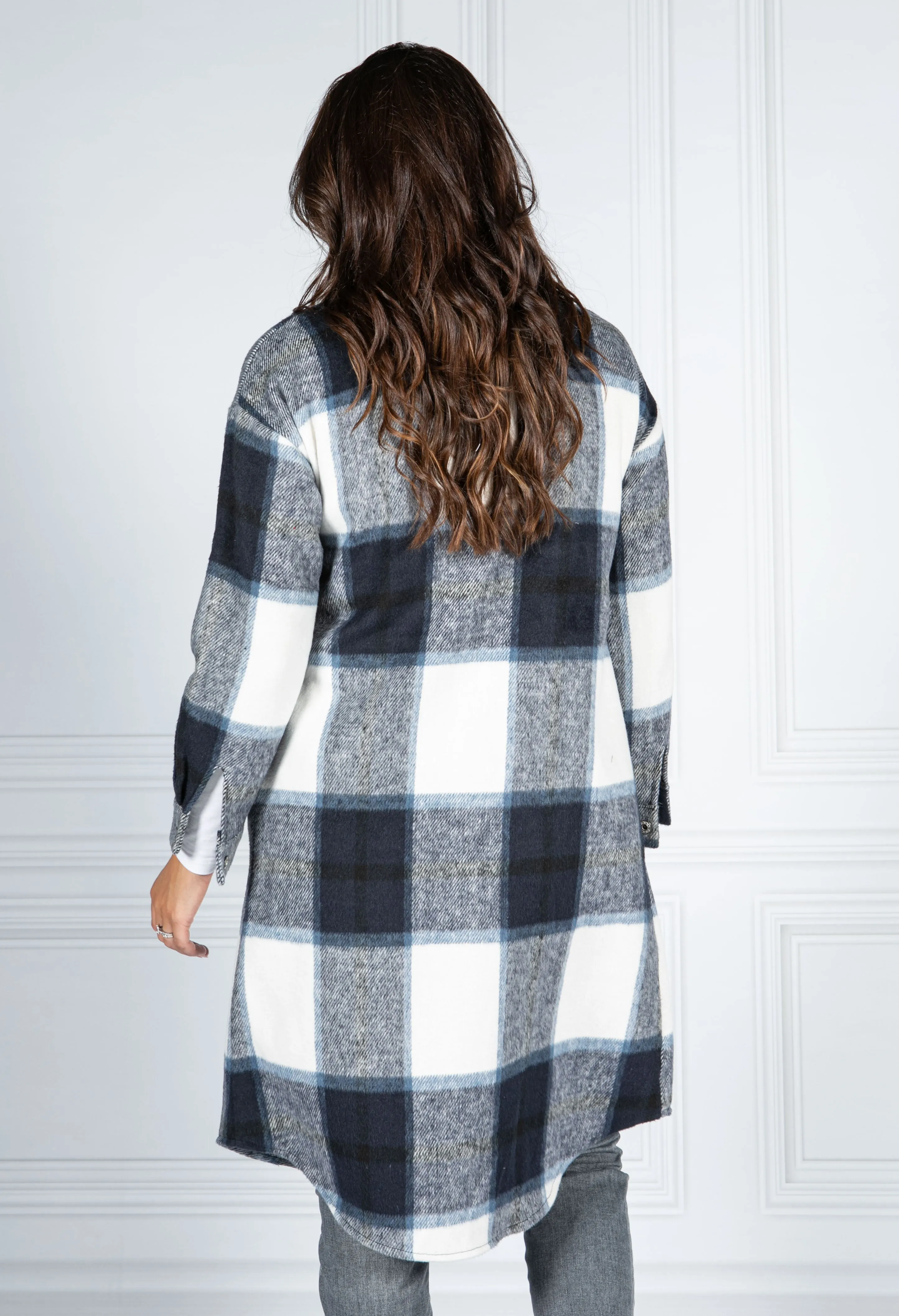 Navy Checked Midi Coat