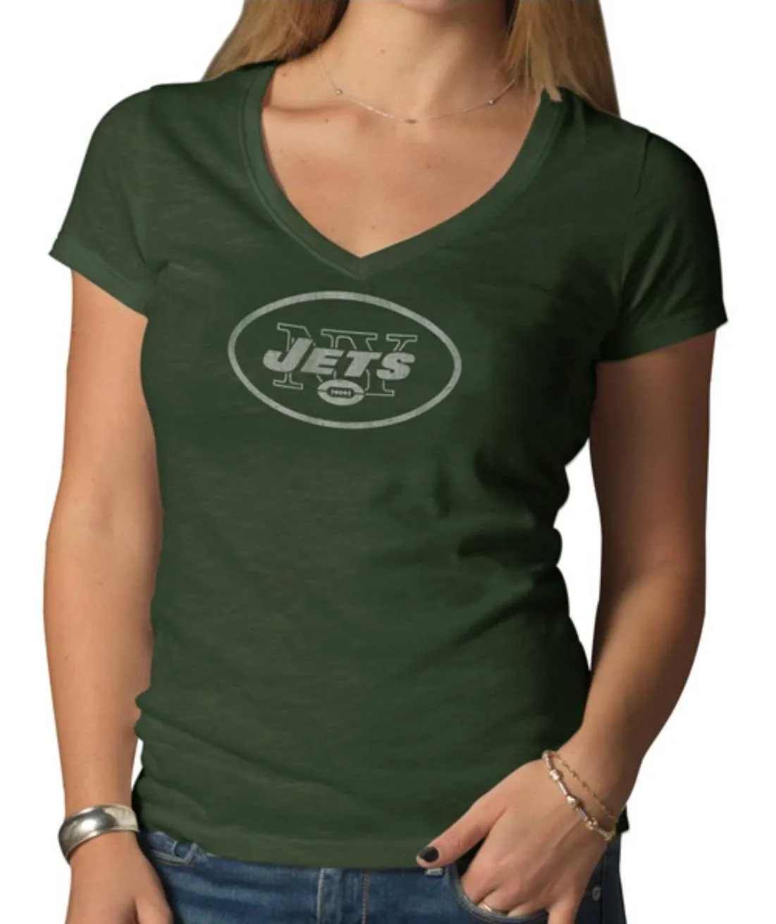 New York Jets 47 Brand Women Green V-Neck Short Sleeve Scrum T-Shirt