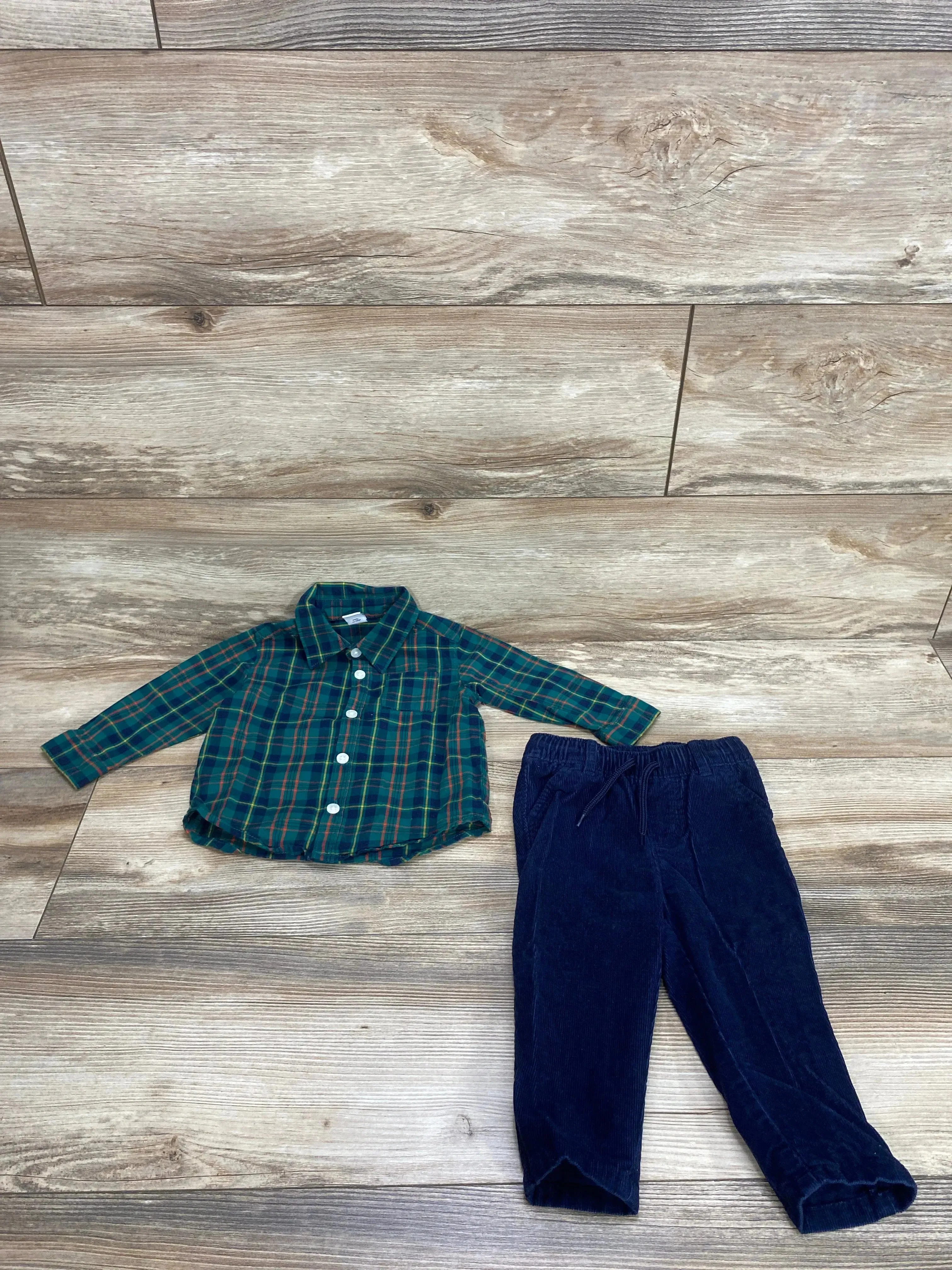 Old Navy 2pc Plaid Button Up Shirt & Corduroy Pants Green sz 6-12m