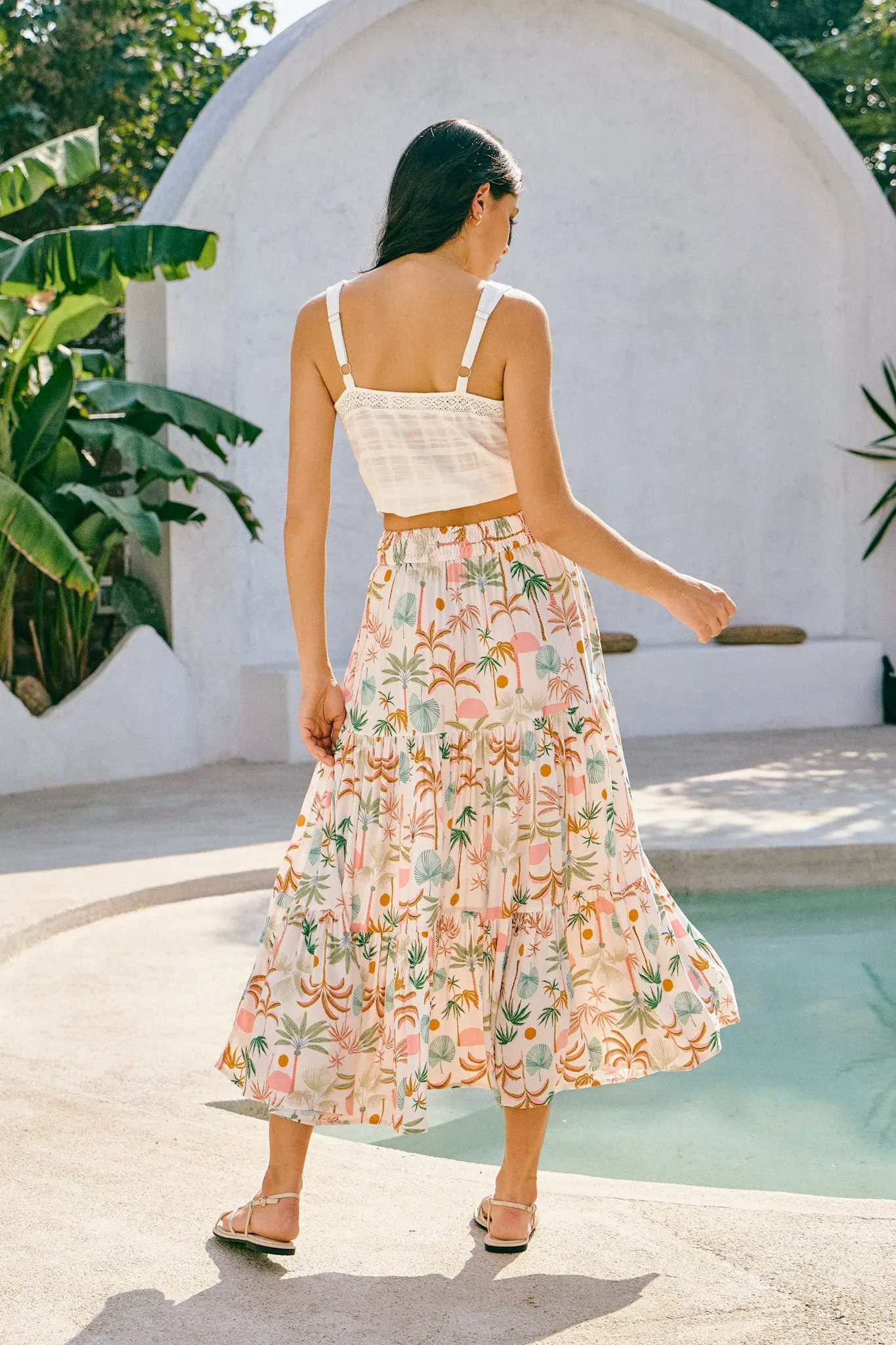 Paloma Brown Green Tropical Tiered Maxi Skirt