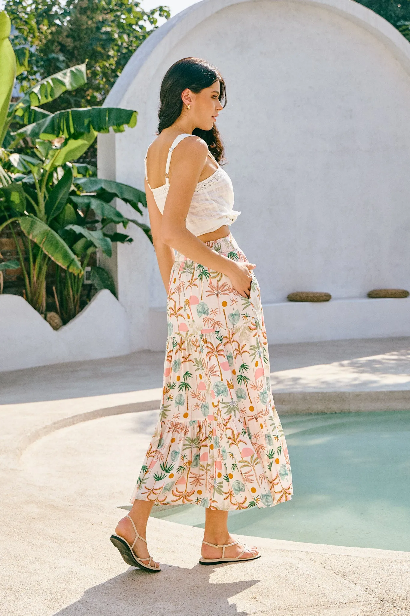 Paloma Brown Green Tropical Tiered Maxi Skirt