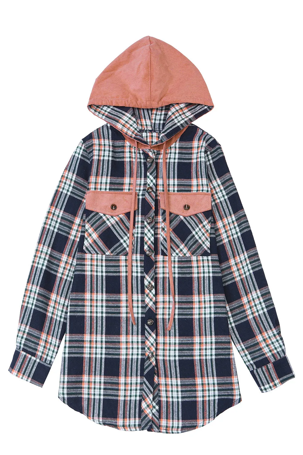 Pink Plaid Contrast Hooded Drawstring Shacket