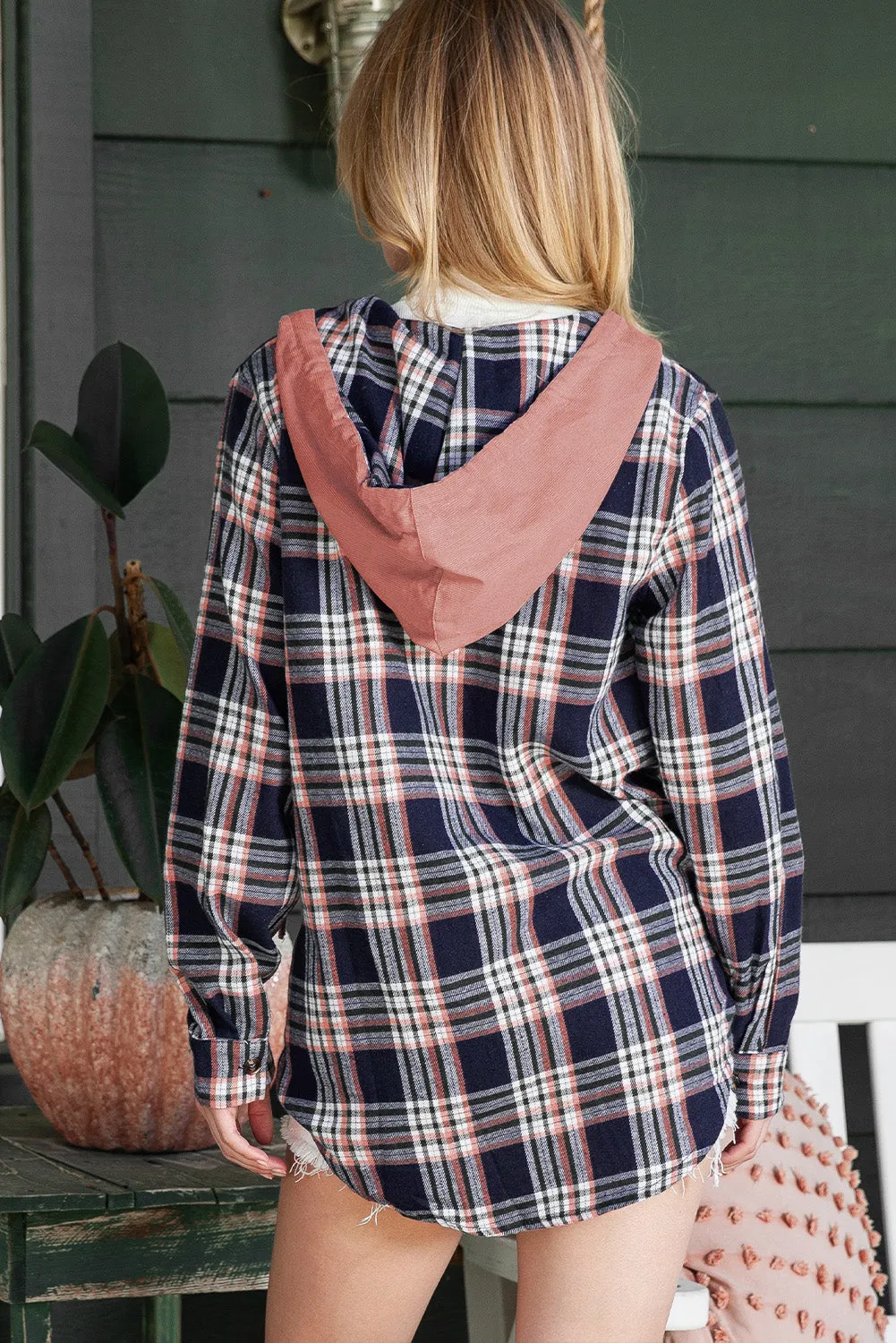 Pink Plaid Contrast Hooded Drawstring Shacket