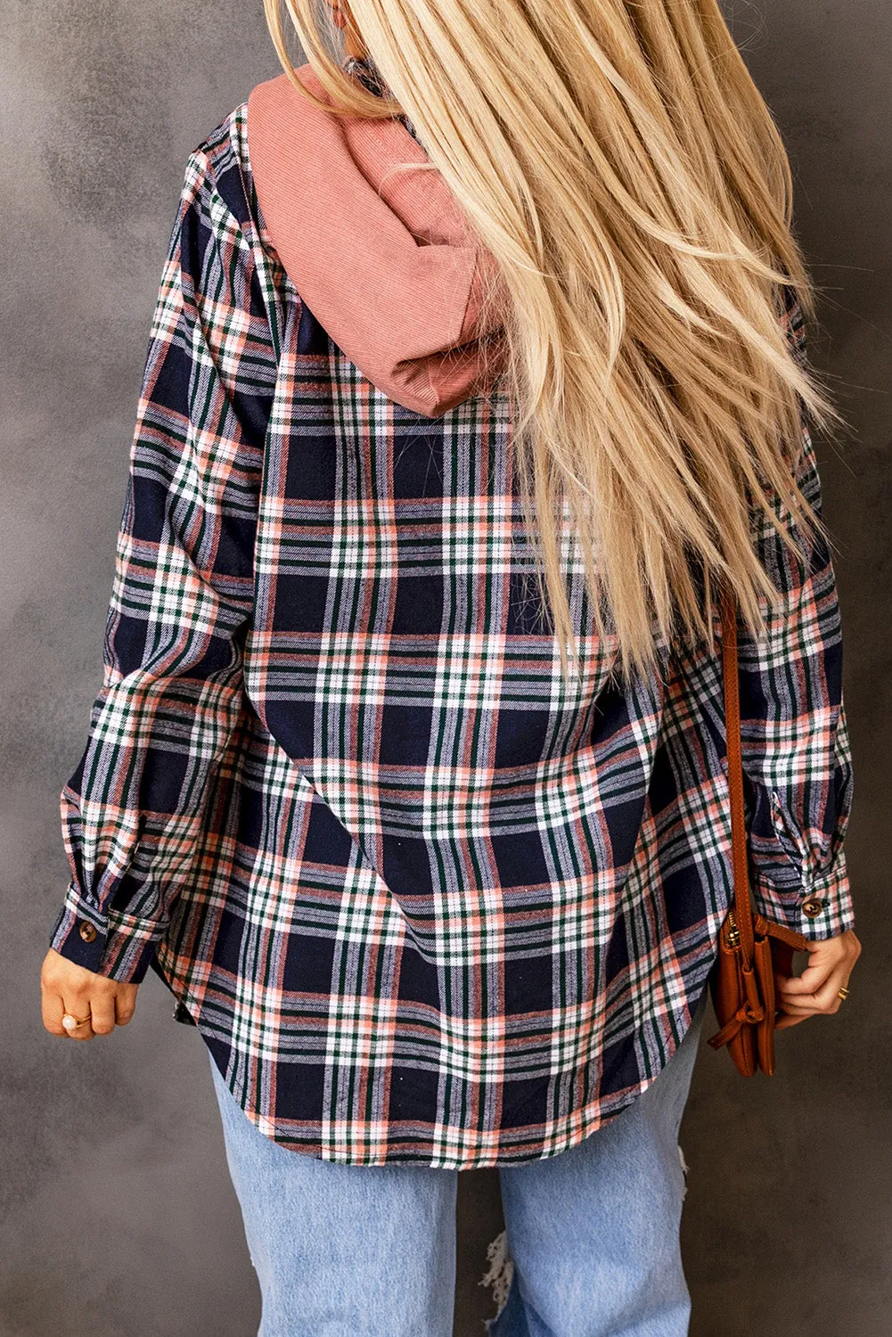 Pink Plaid Contrast Hooded Drawstring Shacket