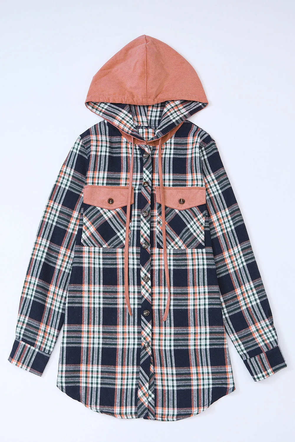 Pink Plaid Contrast Hooded Drawstring Shacket