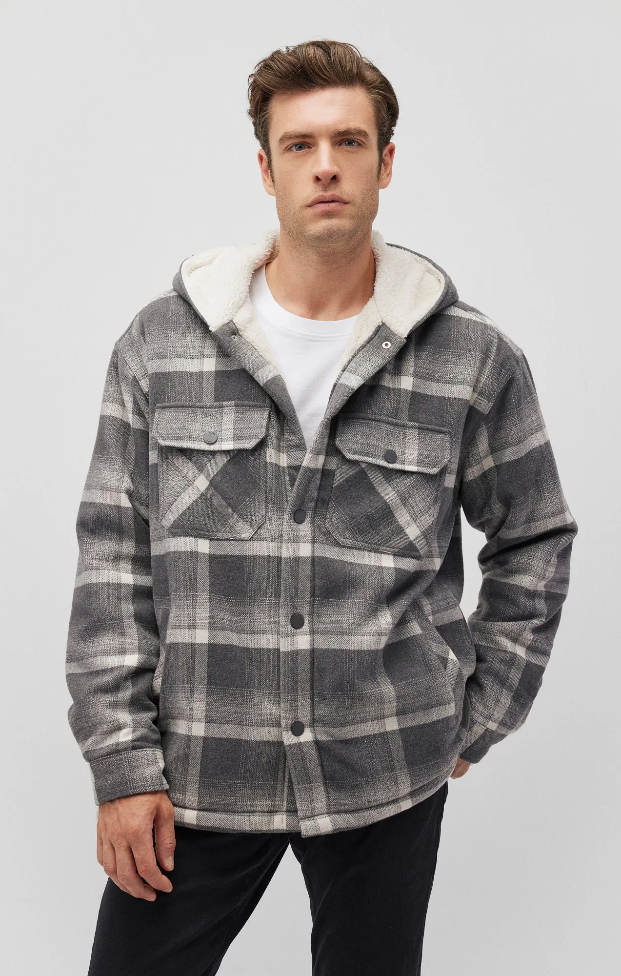 PLAID HOODED SHACKET IN BLACK CHECK