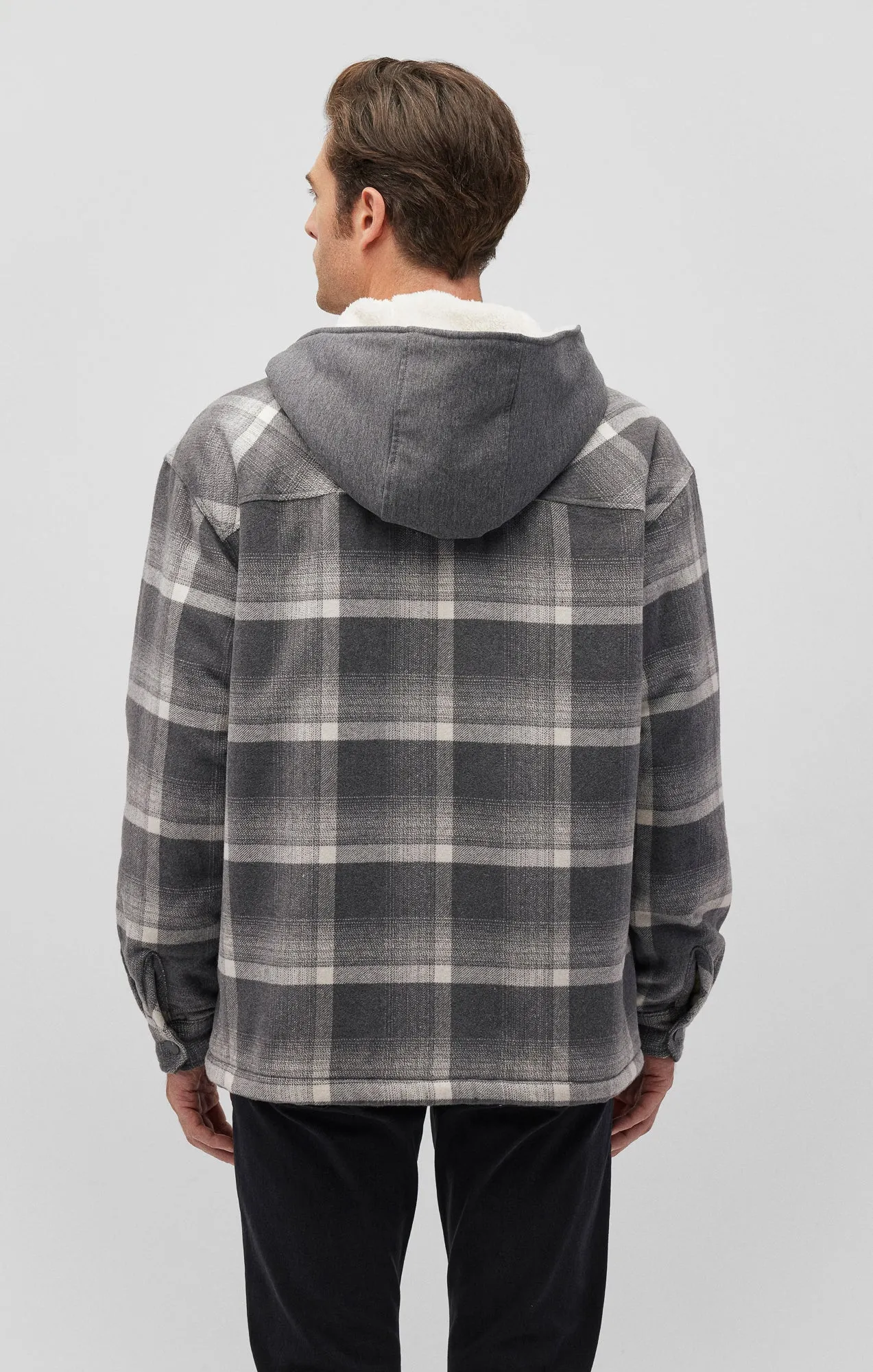 PLAID HOODED SHACKET IN BLACK CHECK