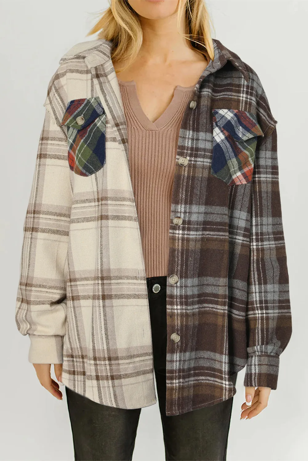 Plaid Patchwork Flap Pocket Shirt