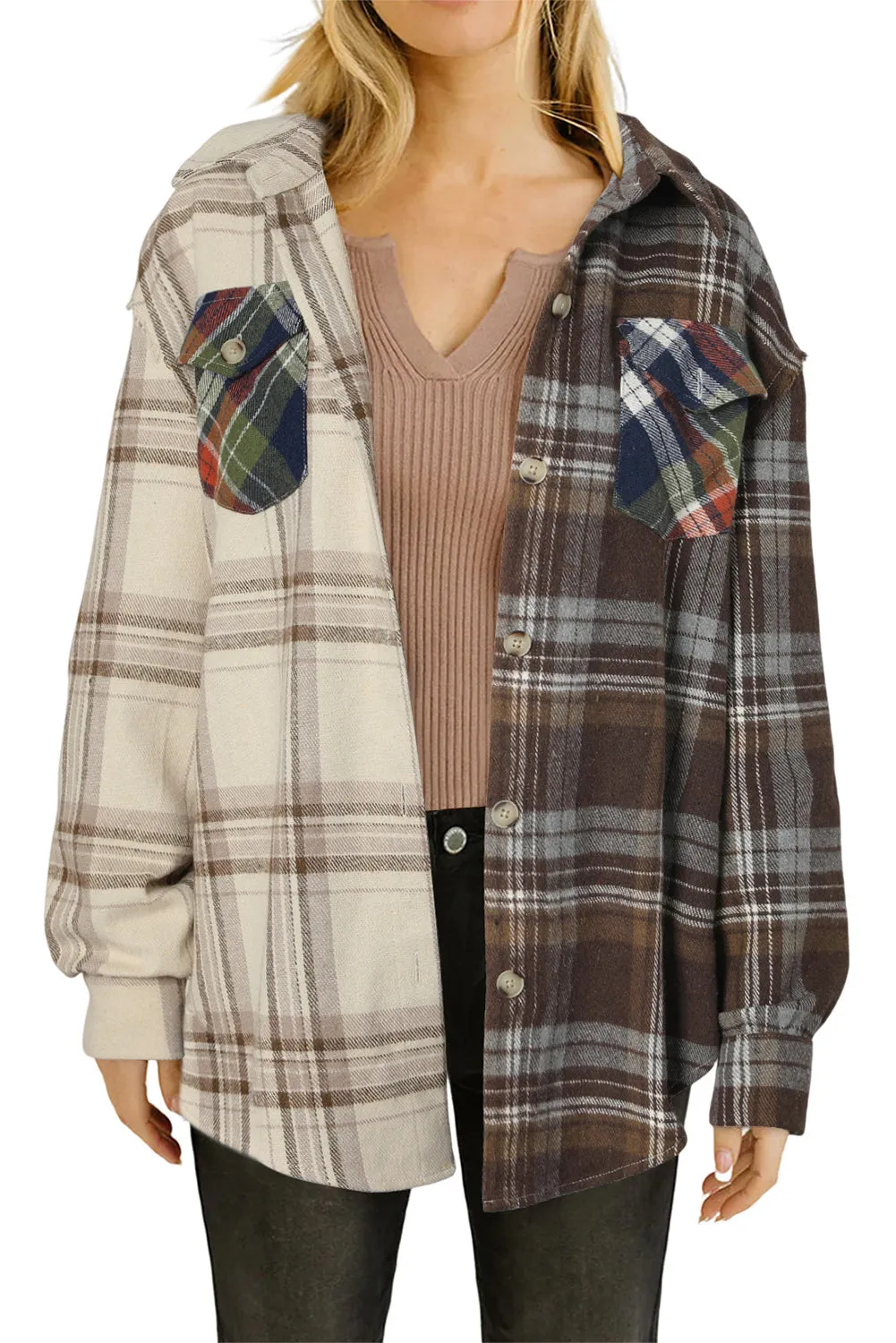 Plaid Patchwork Flap Pocket Shirt