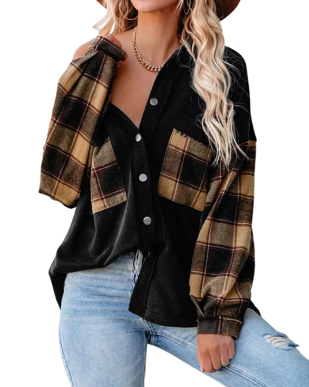 Plaid Patchwork Oversized Shirt Jacket