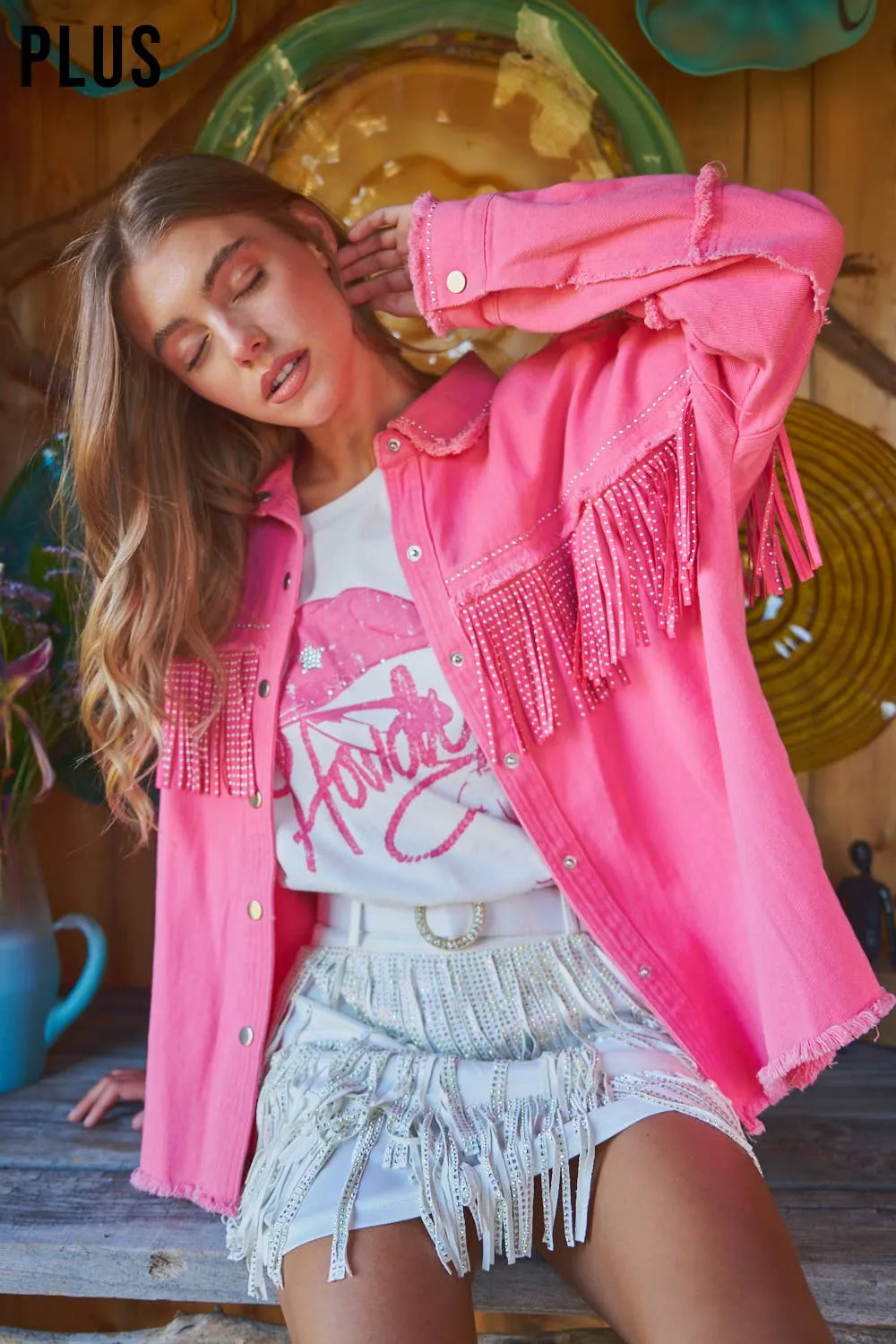 Plus Rhinestoned Cowgirl Fringe Jacket- Pink