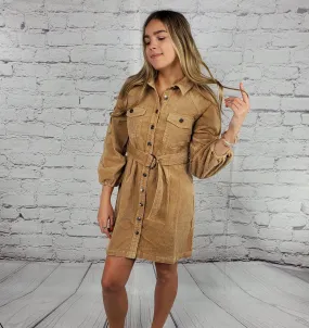 Puffed sleeves front-button flap pockets corduroy mini shirtdress