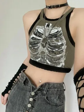 Punk Aesthetic Y2k Cyber Retro X-ray Skeleton Print Grunge Sleeveless Vest ArmyGreen Crop Top Designer Clothes Women Summer Emo