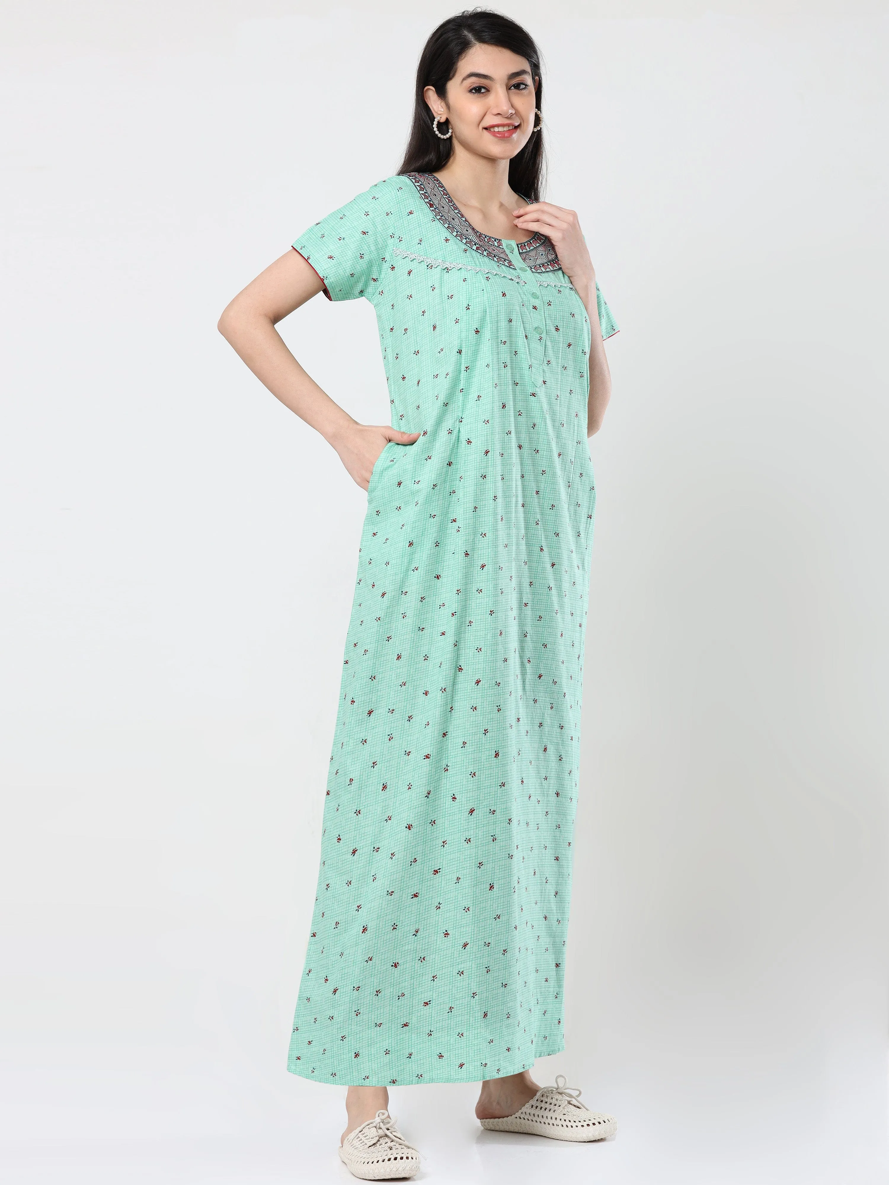 Pure Cotton Maternity Feeding Nighty Green