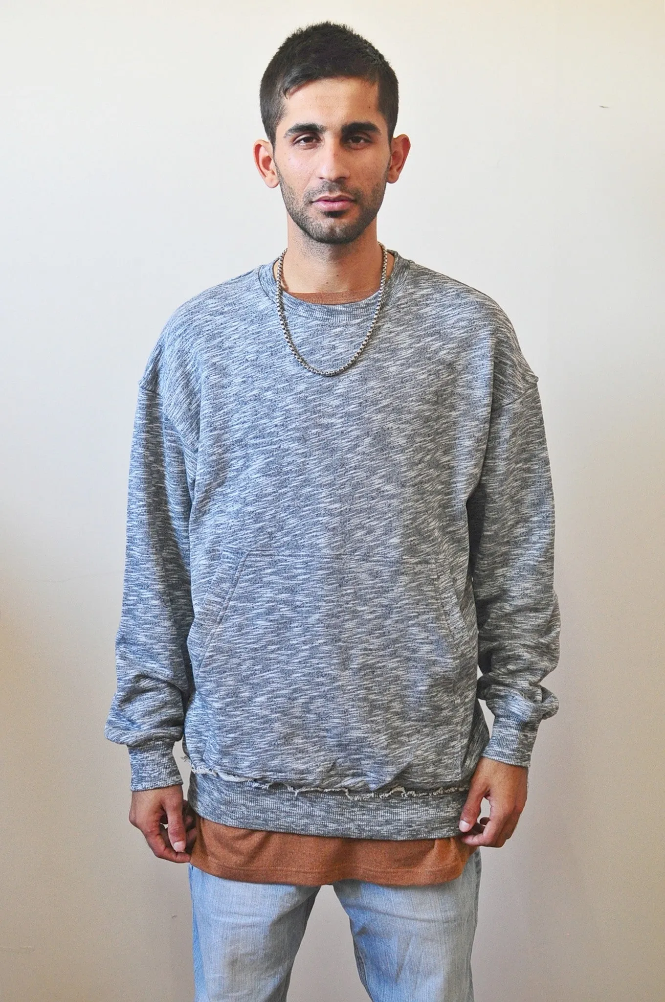 Raw Edge Waistband 80's Sweater  / Oversized Fit / Dropped Shoulder / Rear Neck Badge