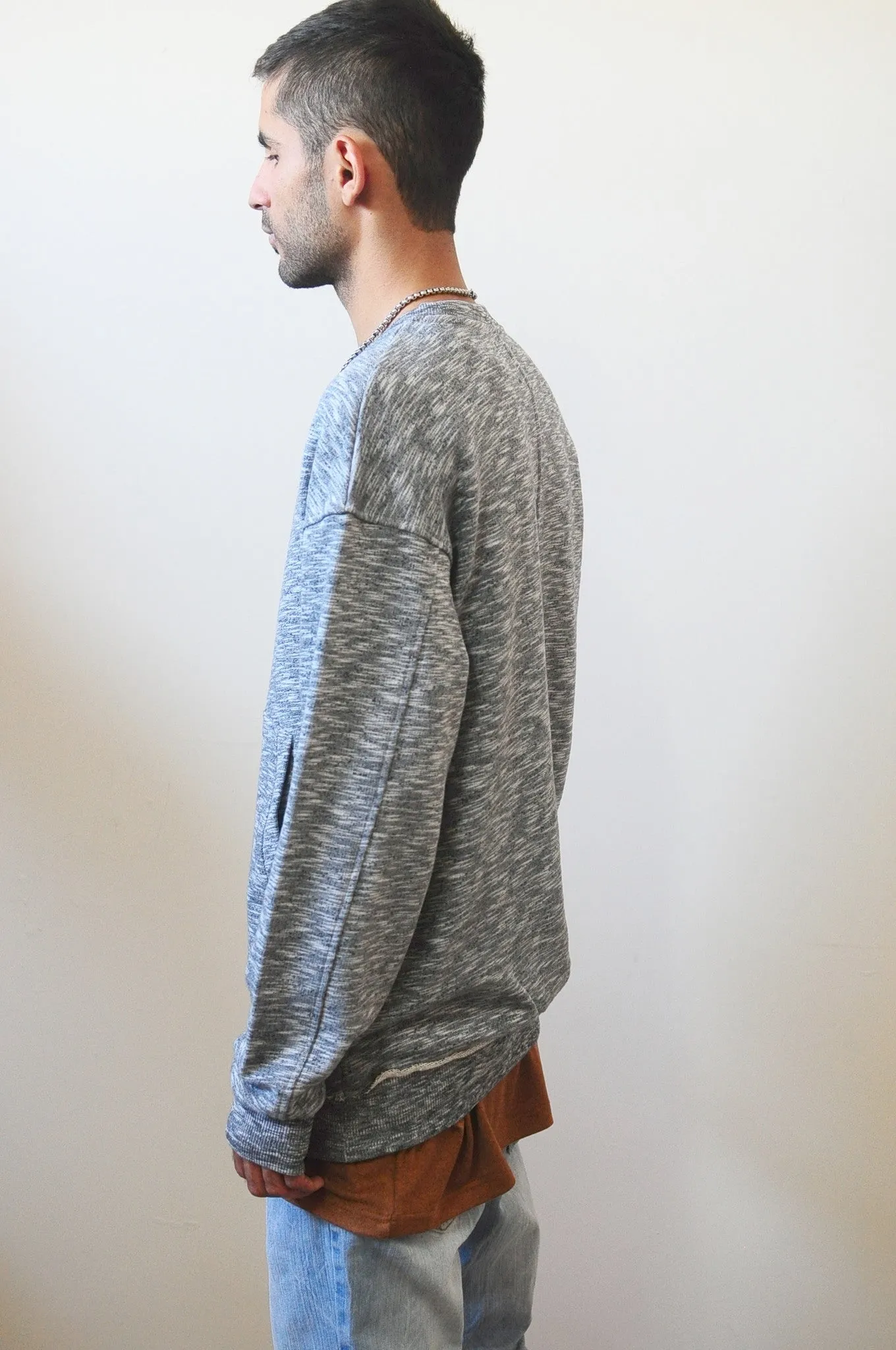 Raw Edge Waistband 80's Sweater  / Oversized Fit / Dropped Shoulder / Rear Neck Badge