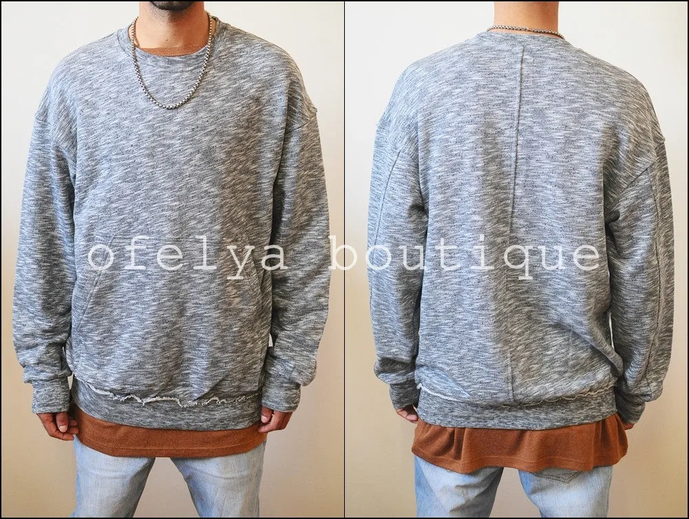 Raw Edge Waistband 80's Sweater  / Oversized Fit / Dropped Shoulder / Rear Neck Badge