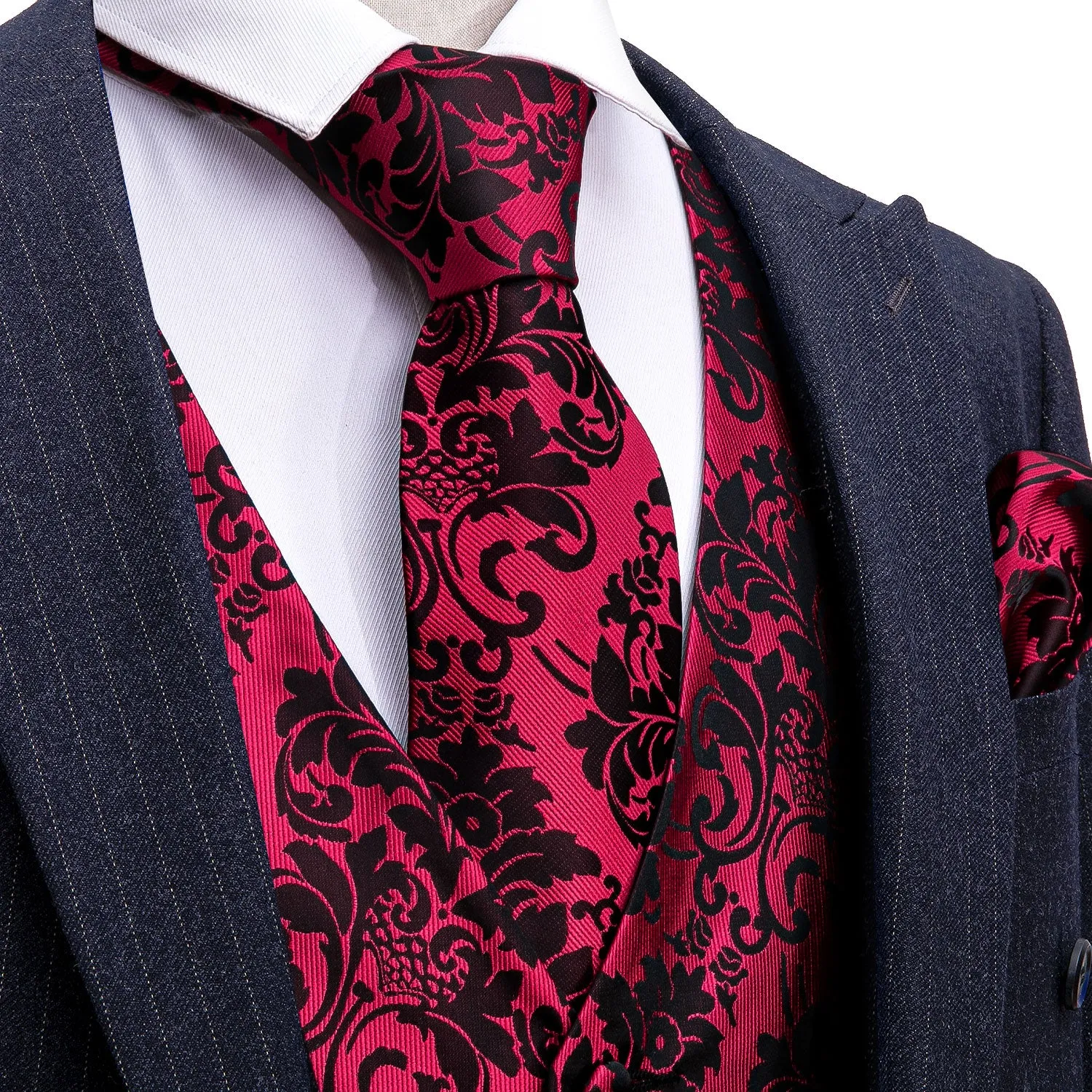 Red Black Floral Jacquard Silk Men's Vest Hanky Cufflinks Tie Set