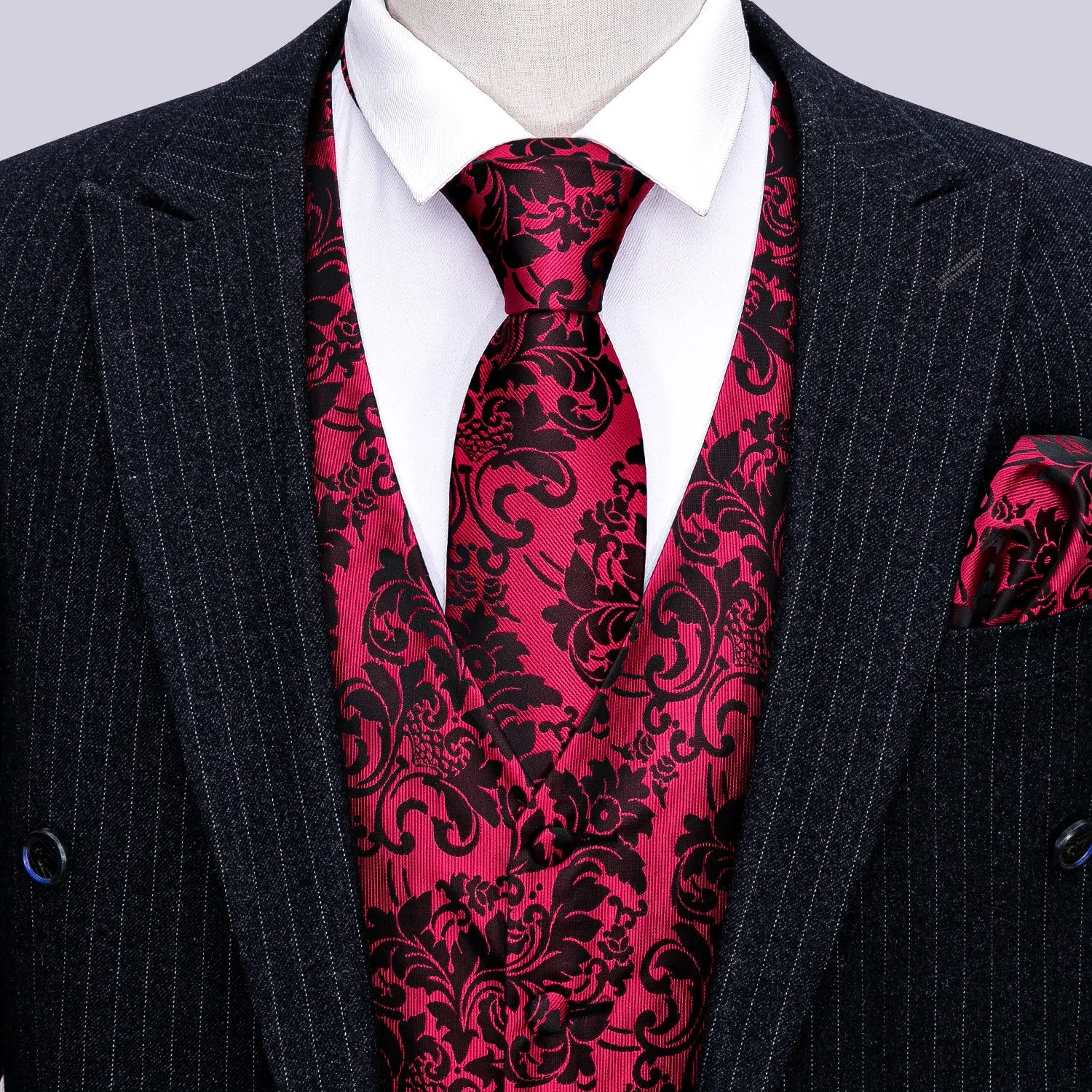 Red Black Floral Jacquard Silk Men's Vest Hanky Cufflinks Tie Set