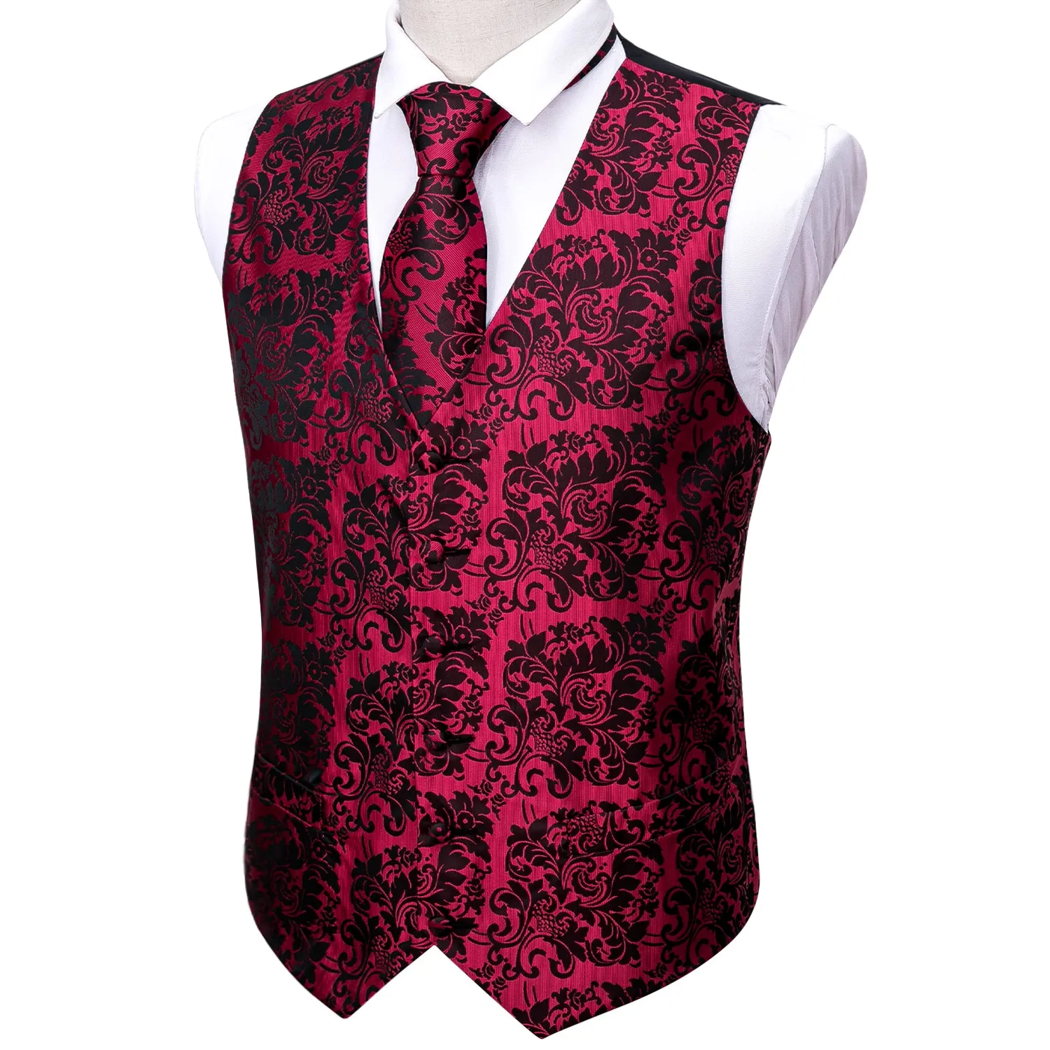 Red Black Floral Jacquard Silk Men's Vest Hanky Cufflinks Tie Set