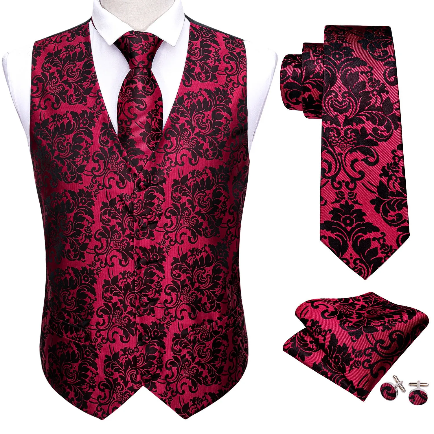 Red Black Floral Jacquard Silk Men's Vest Hanky Cufflinks Tie Set