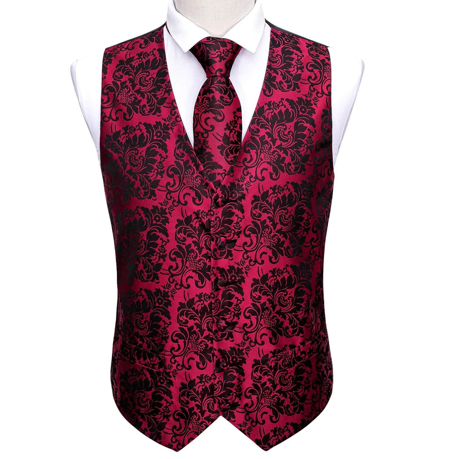 Red Black Floral Jacquard Silk Men's Vest Hanky Cufflinks Tie Set