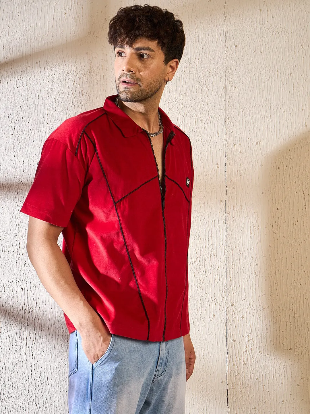 Red Corduroy Zipped Piping Shirt