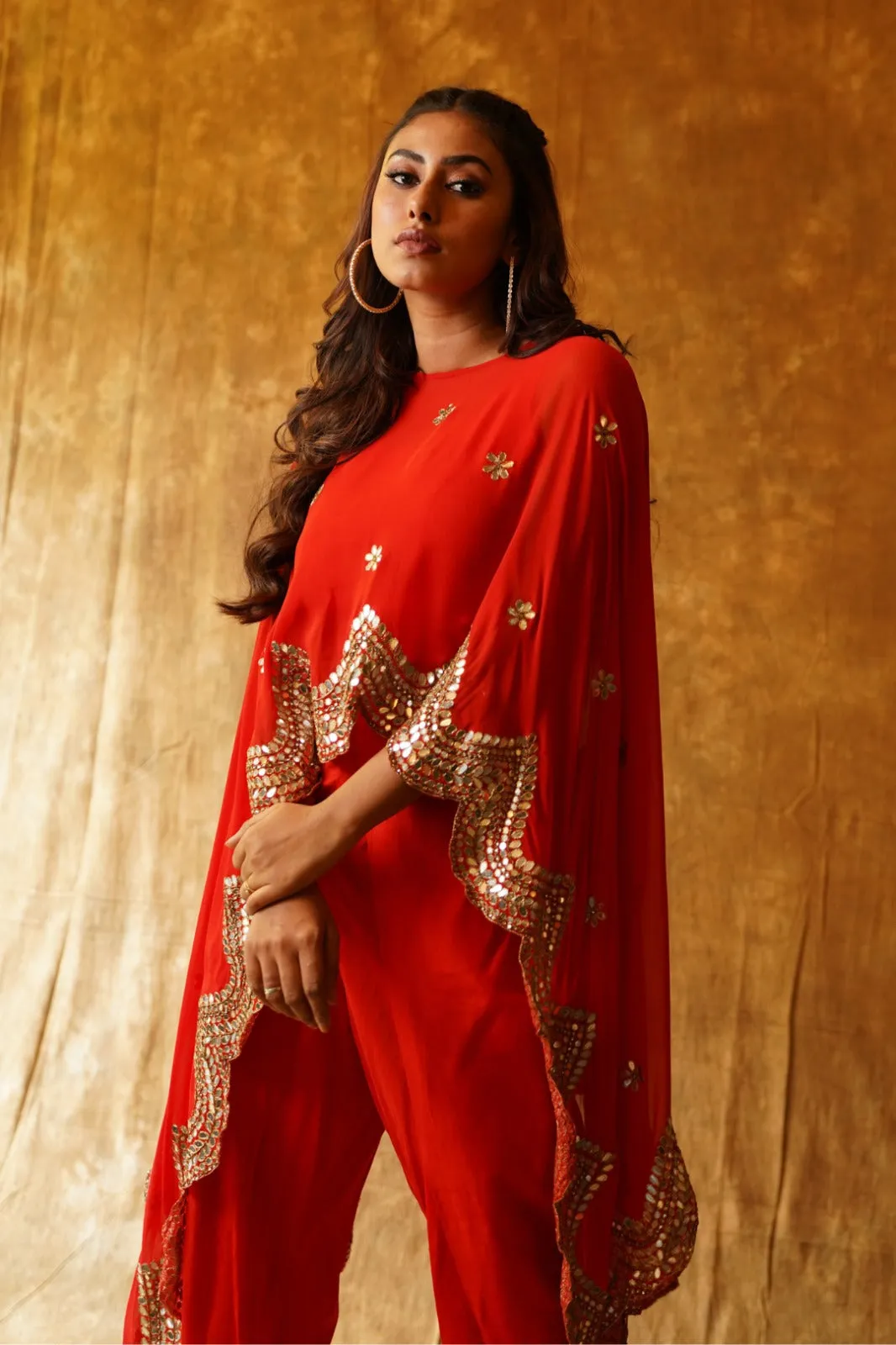 Red Dupatta Cape with Mirrorwork Border & overlap Dhoti