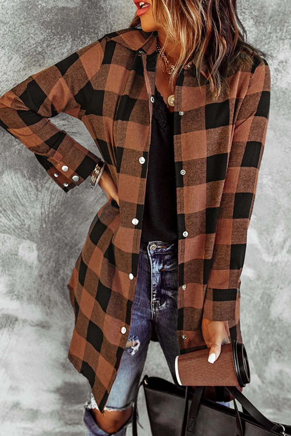 Red Plaid Collared Button Down Long Shirt Shacket