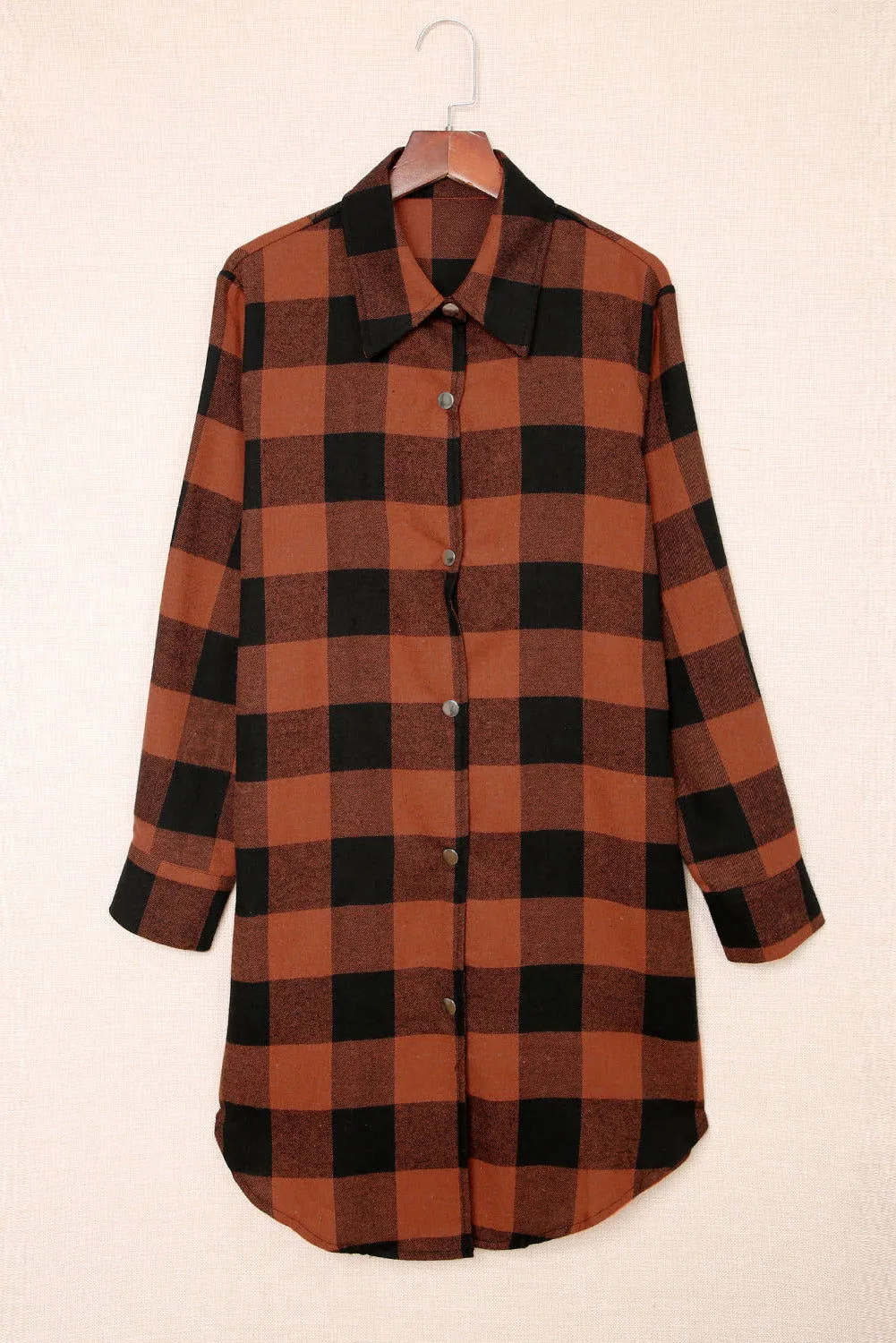 Red Plaid Collared Button Down Long Shirt Shacket