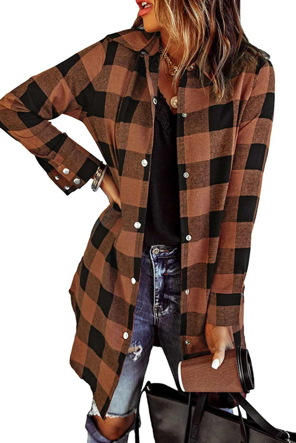 Red Plaid Collared Button Down Long Shirt Shacket