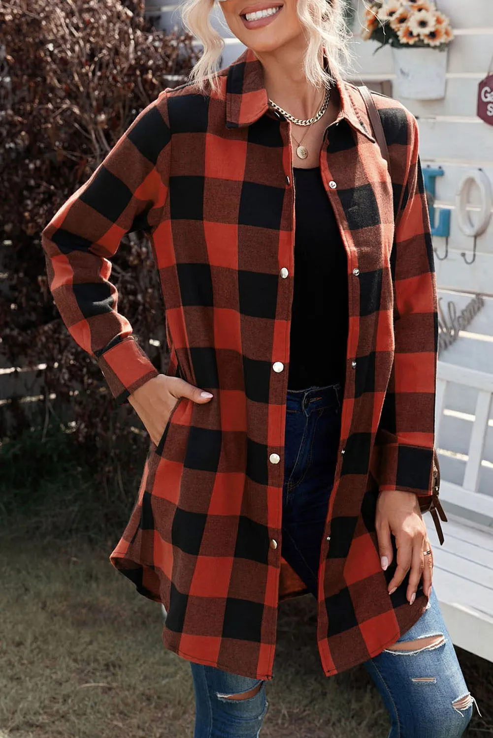 Red Plaid Collared Button Down Long Shirt Shacket