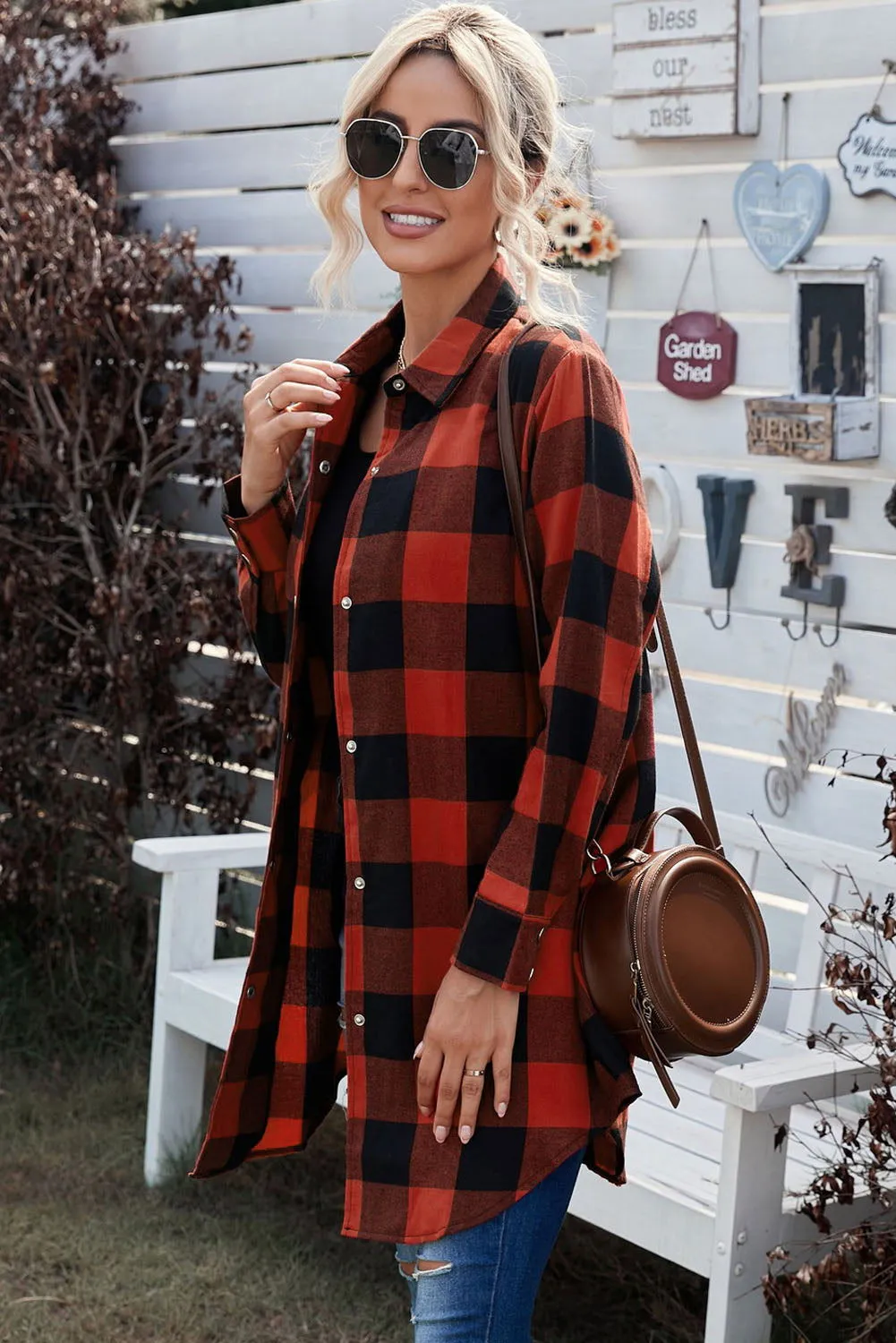 Red Plaid Collared Button Down Long Shirt Shacket