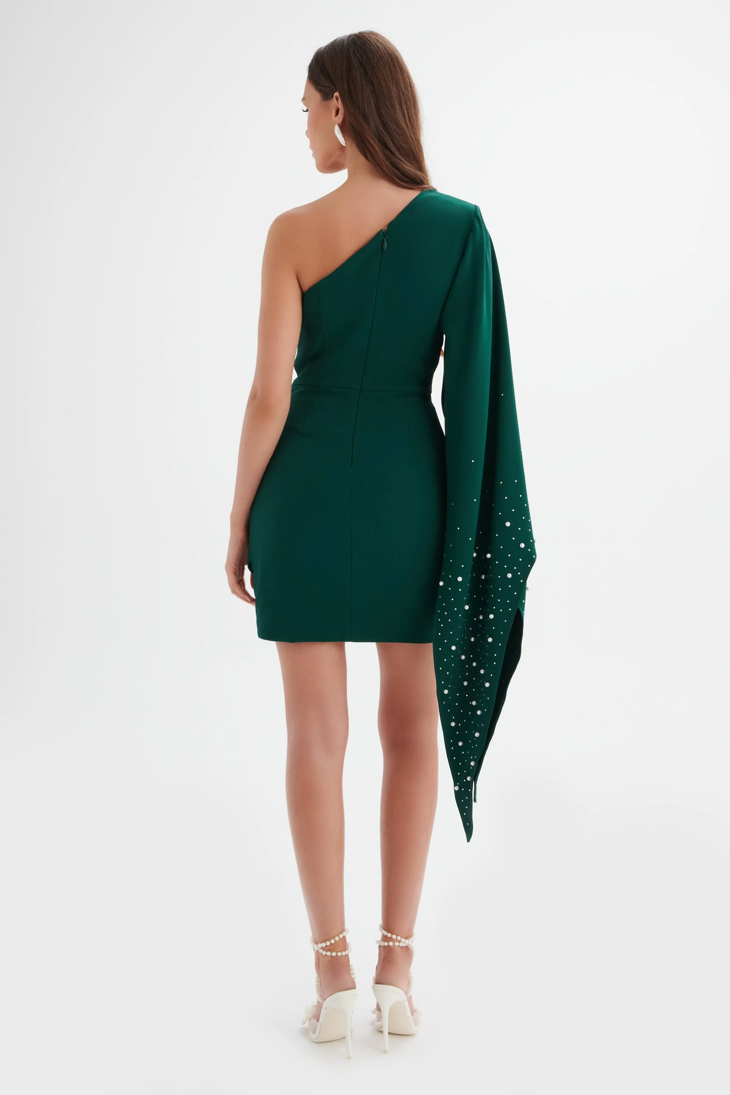 REMI One Shoulder Embellished Cape Mini Dress in Emerald Green