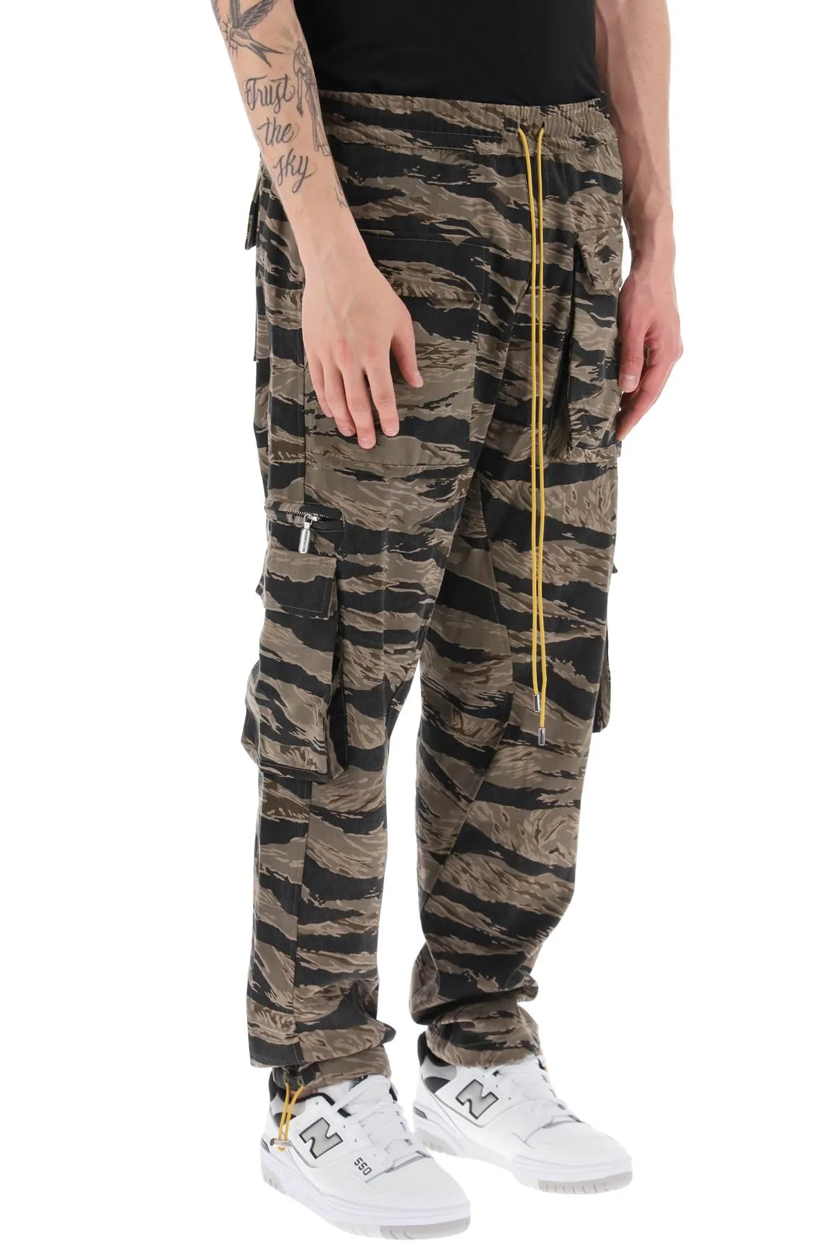 Rhude cargo pants with 'tiger camo' motif all-over