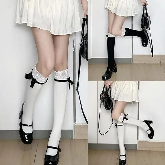 Ribbon Frilly Lace Socks Knee High Socks for Women