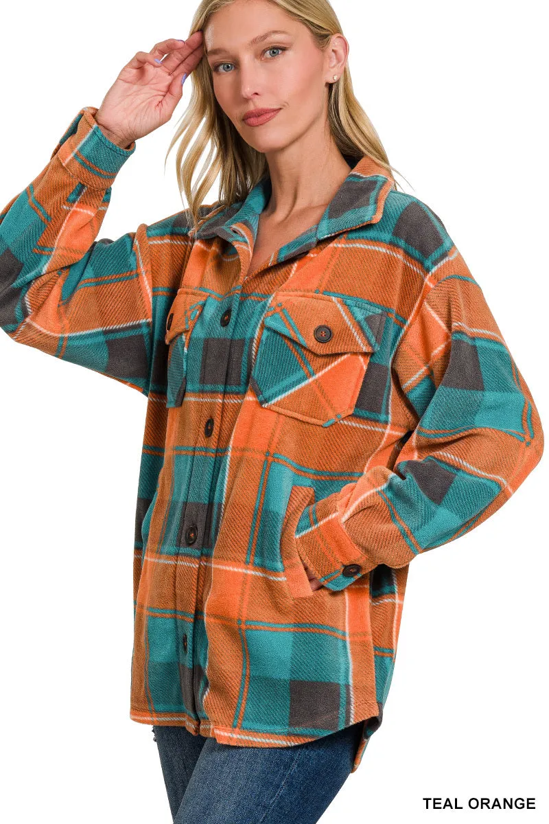 Roni Polar Fleece Plaid Shacket with Pockets