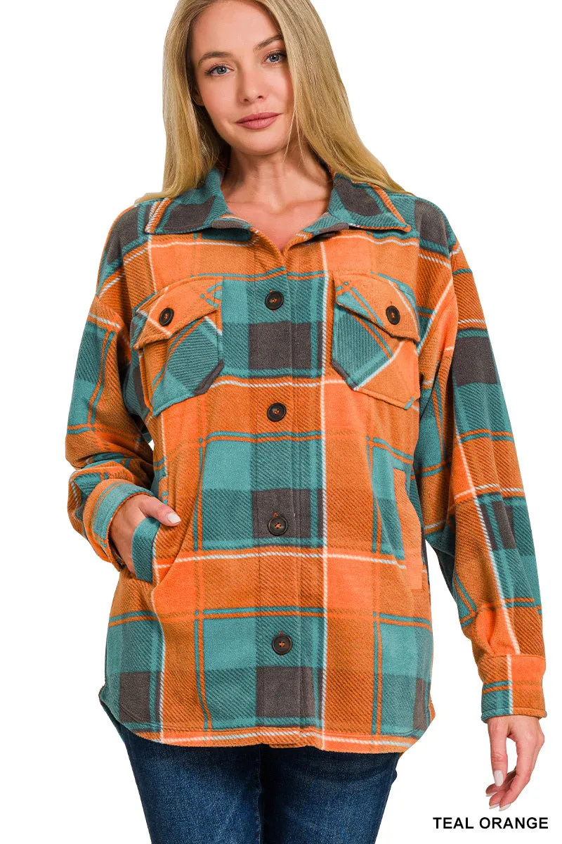 Roni Polar Fleece Plaid Shacket with Pockets