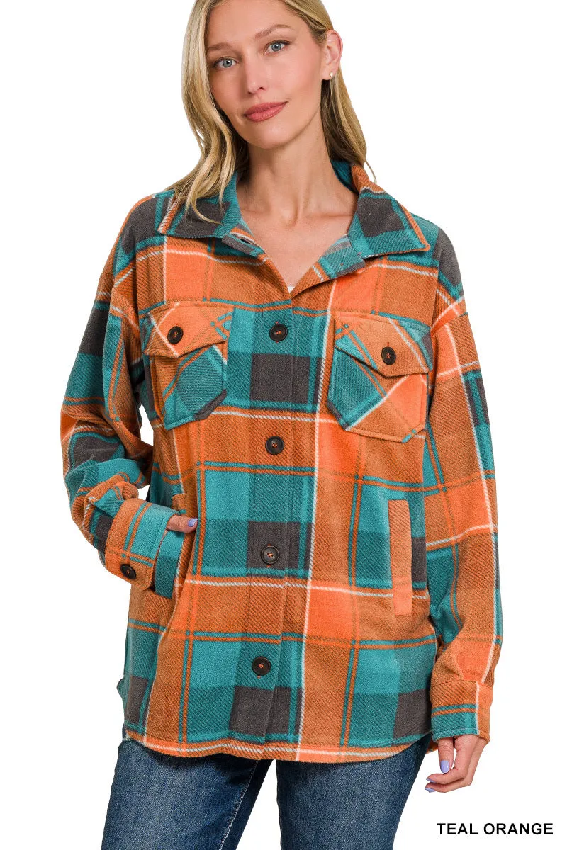 Roni Polar Fleece Plaid Shacket with Pockets