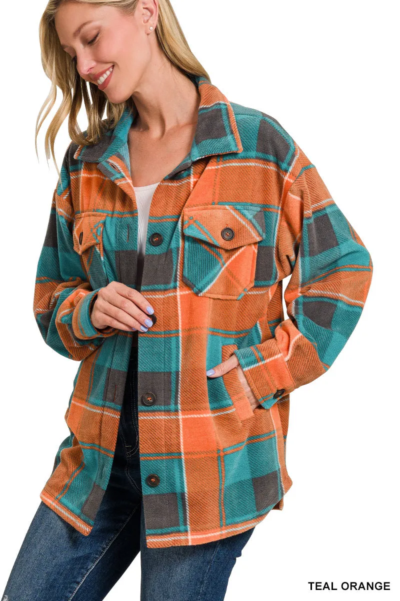 Roni Polar Fleece Plaid Shacket with Pockets