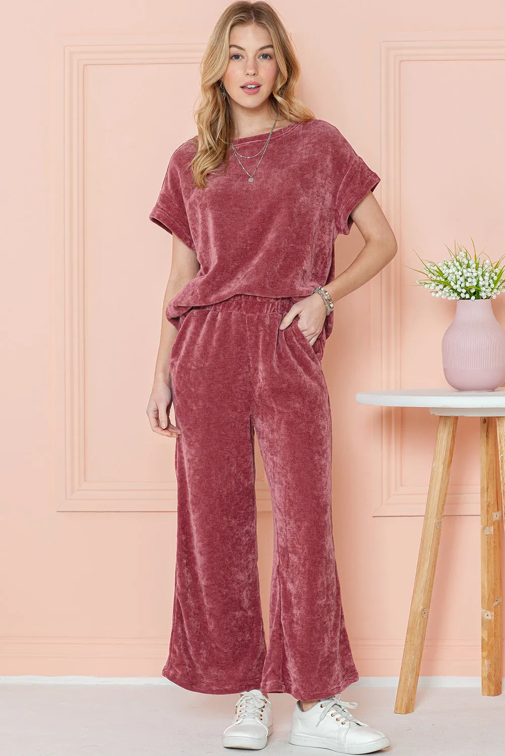 Rose Pink Mineral Wash Corduroy Short Sleeve Top and Crop Pants Set