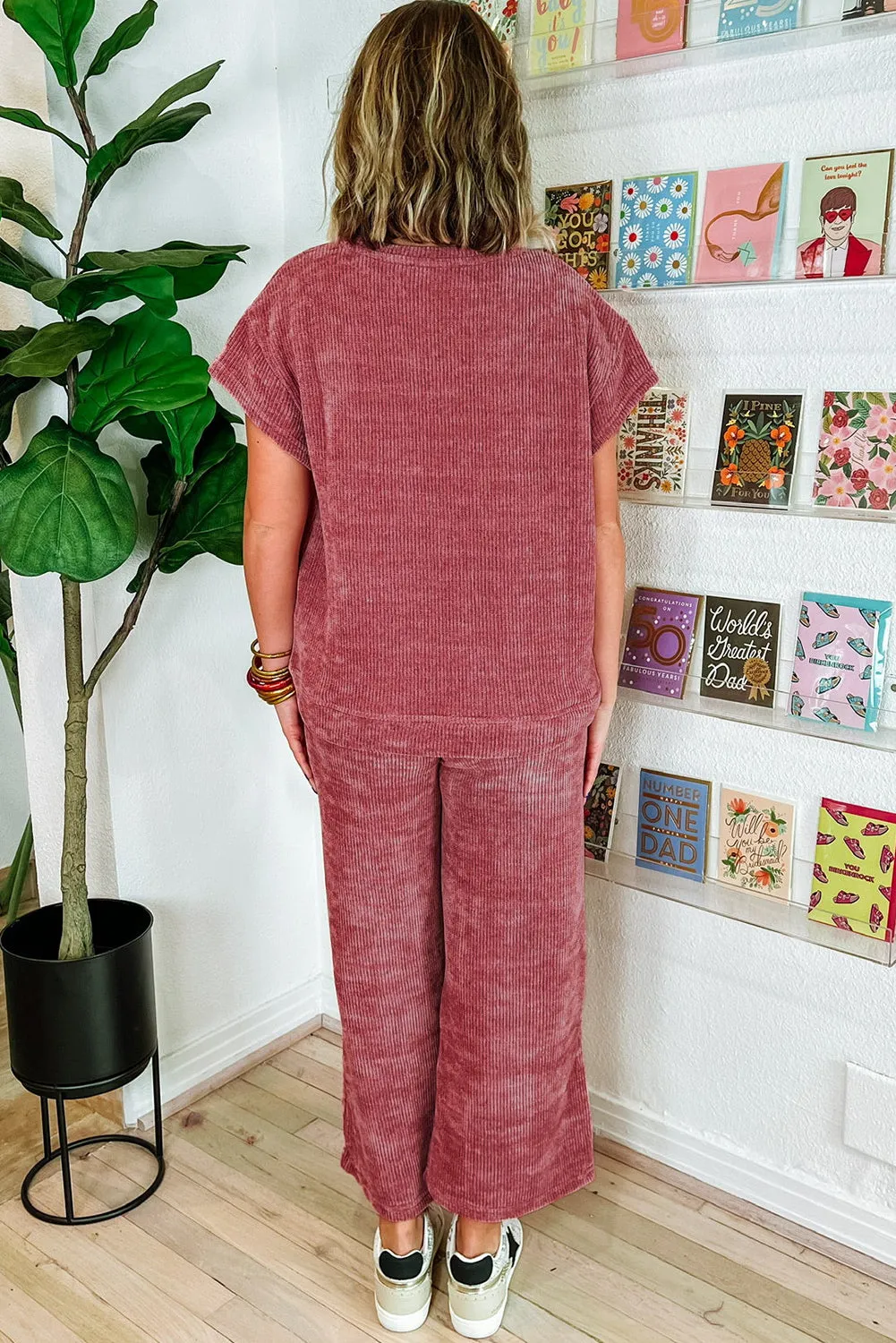 Rose Pink Mineral Wash Corduroy Short Sleeve Top and Crop Pants Set