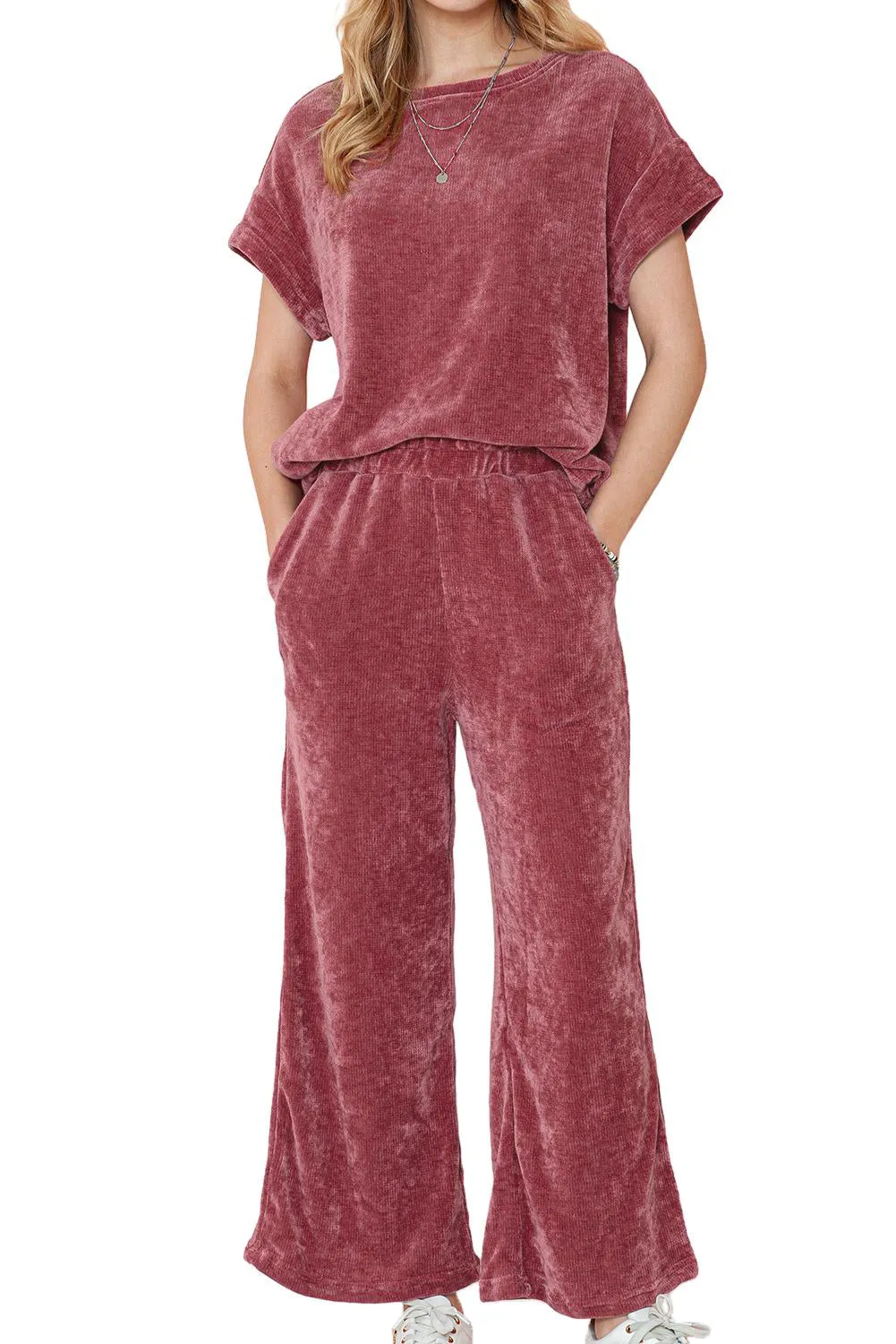 Rose Pink Mineral Wash Corduroy Short Sleeve Top and Crop Pants Set